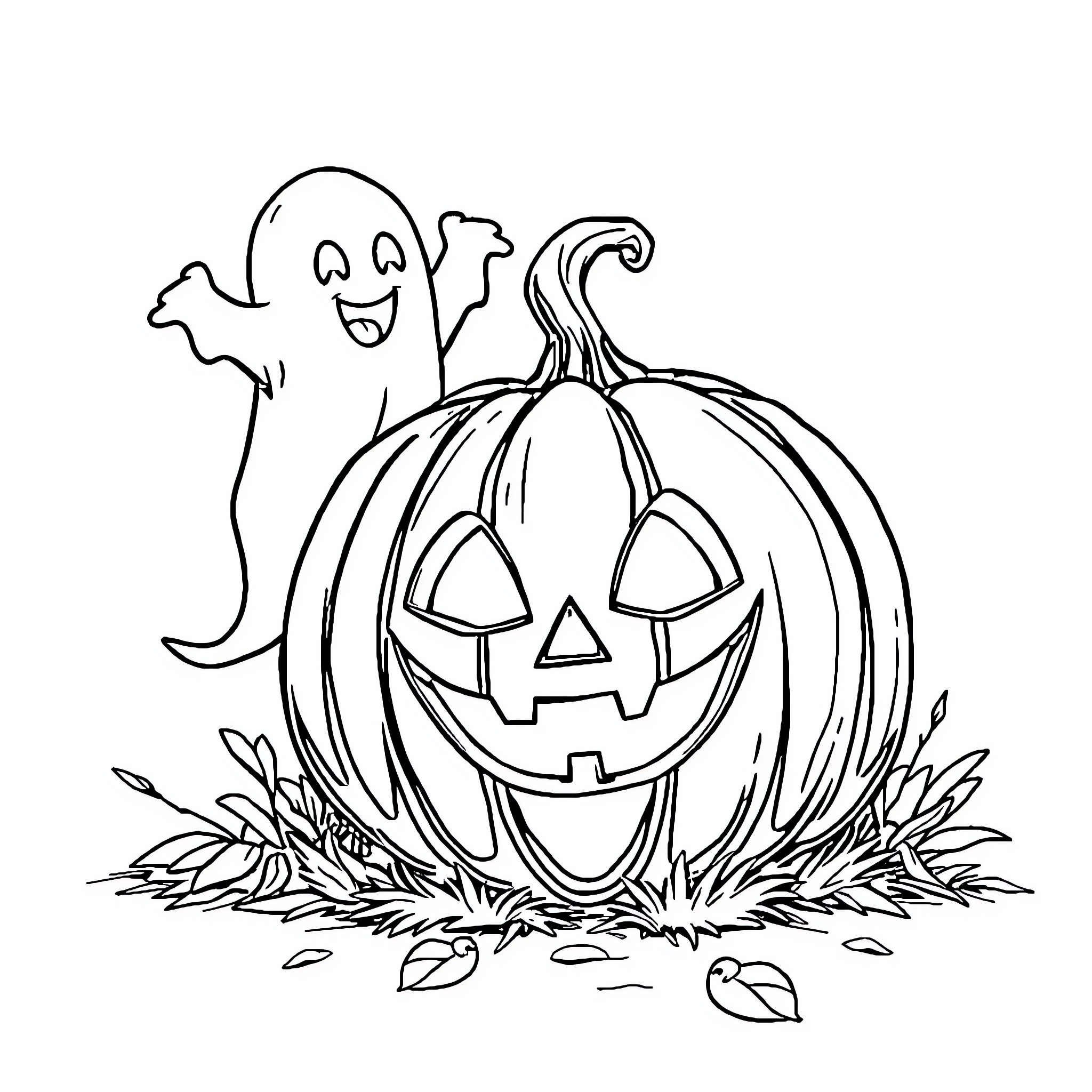 Pumpkin and ghostly companion on autumn leaves Coloring Page (free black-and-white line drawing printable PDF for all, from beginners to advanced learners, including children, teens, adults, and seniors)