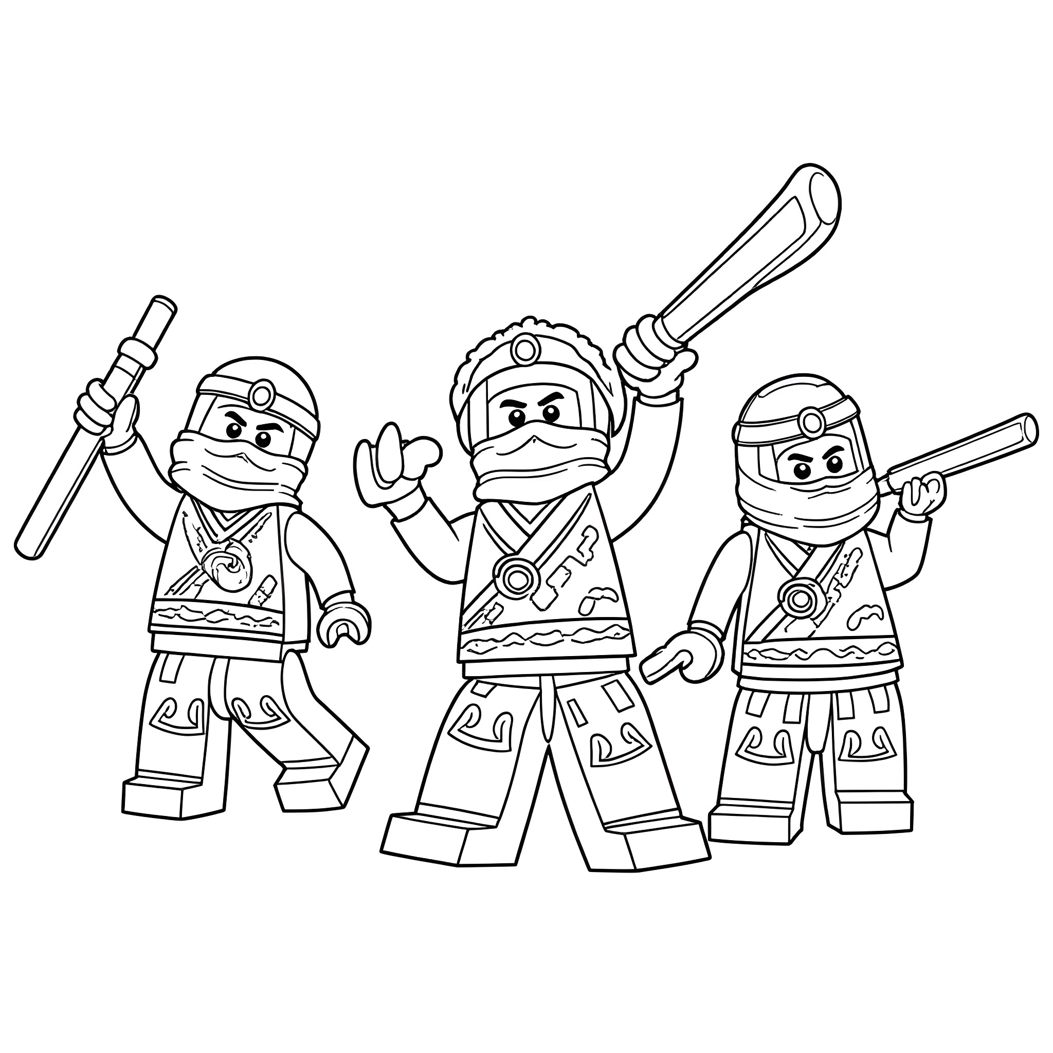 Ninjago characters in action poses Coloring Page (free black-and-white line drawing printable PDF for all, from beginners to advanced learners, including children, teens, adults, and seniors)
