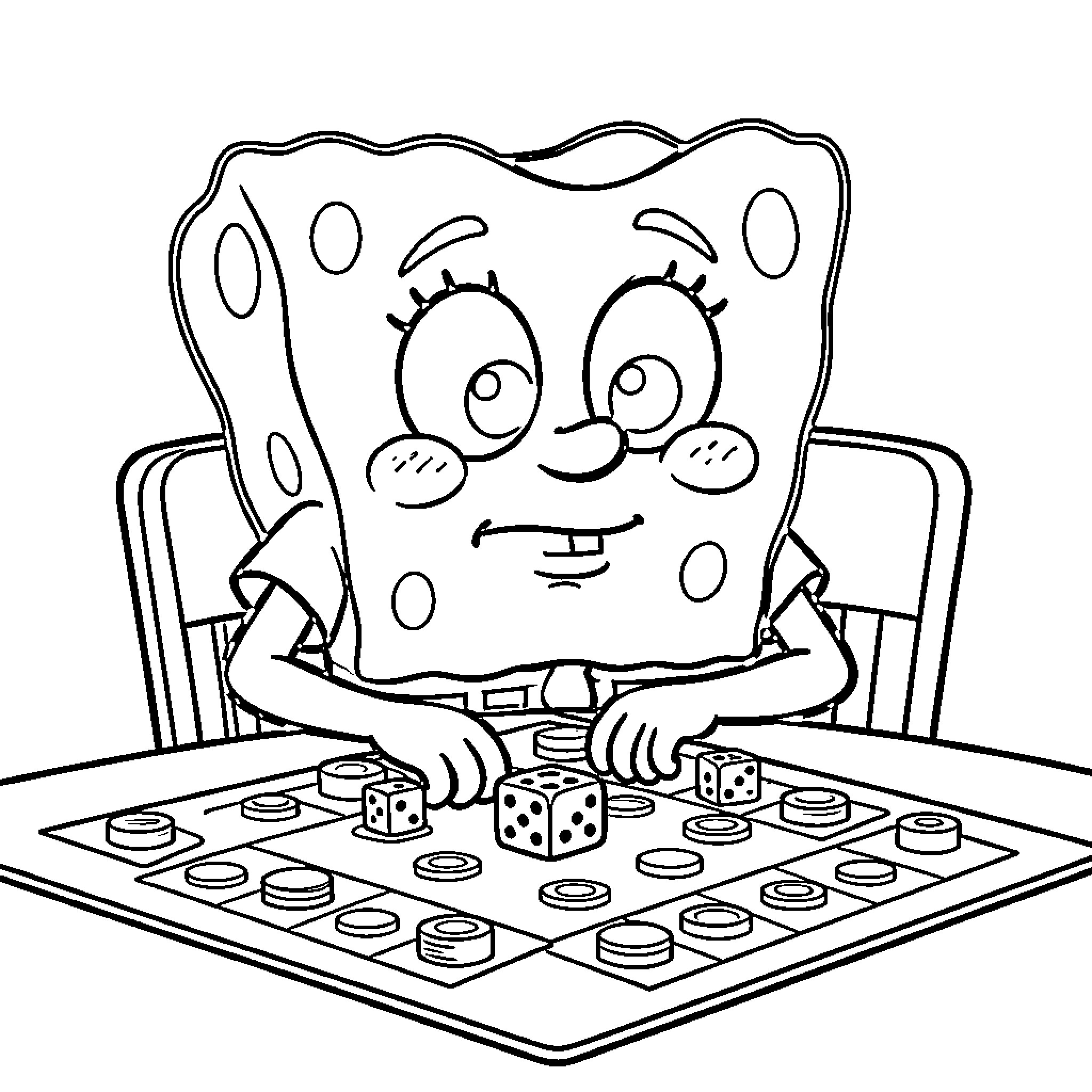 Bob l'éponge playing a board game with concentration Coloring Page (free black-and-white line drawing printable PDF for all, from beginners to advanced learners, including children, teens, adults, and seniors)