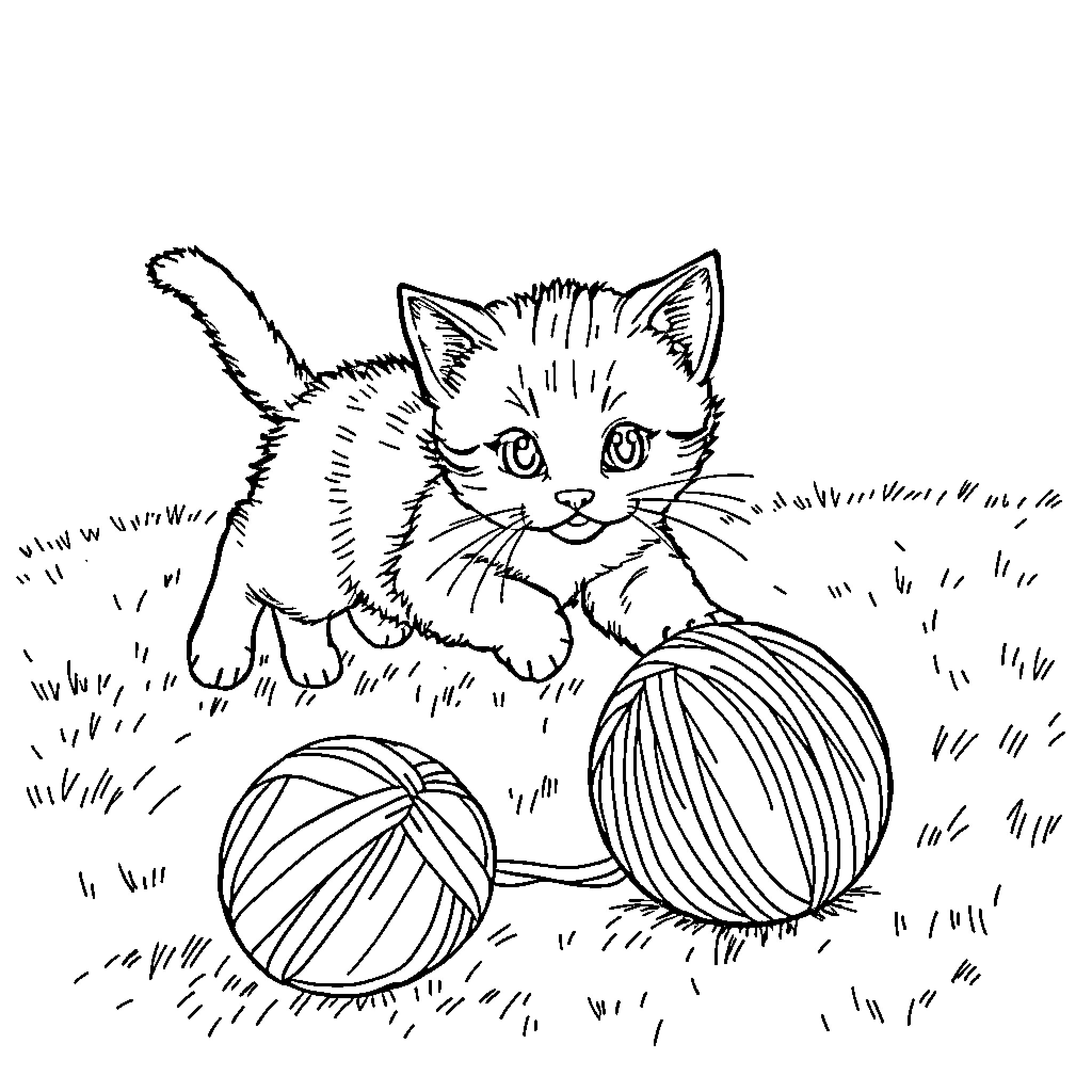 Kitten playing with yarn balls in the grass Coloring Page (free black-and-white line drawing printable PDF for all, from beginners to advanced learners, including children, teens, adults, and seniors)