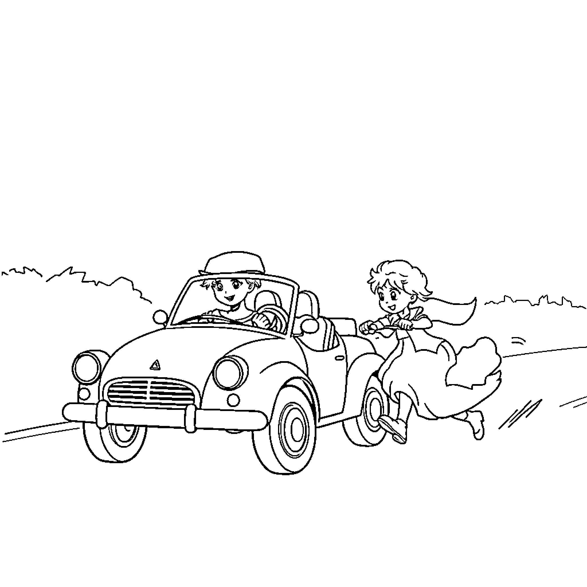 Fille driving a vintage car with friend Coloring Page (free black-and-white line drawing printable PDF for all, from beginners to advanced learners, including children, teens, adults, and seniors)