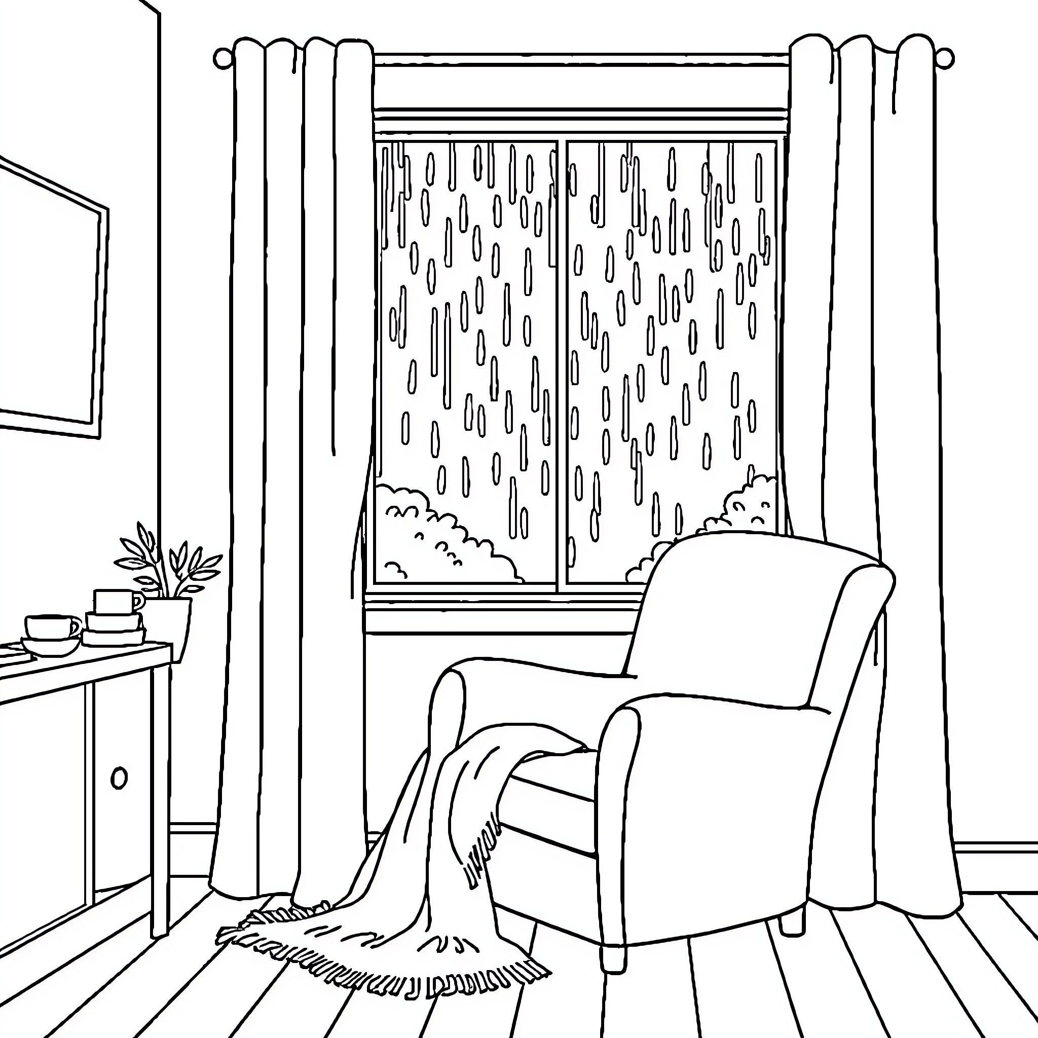 Room with Cozy Armchair and Rainy Window Coloring Page (free black-and-white line drawing printable PDF for all, from beginners to advanced learners, including children, teens, adults, and seniors)
