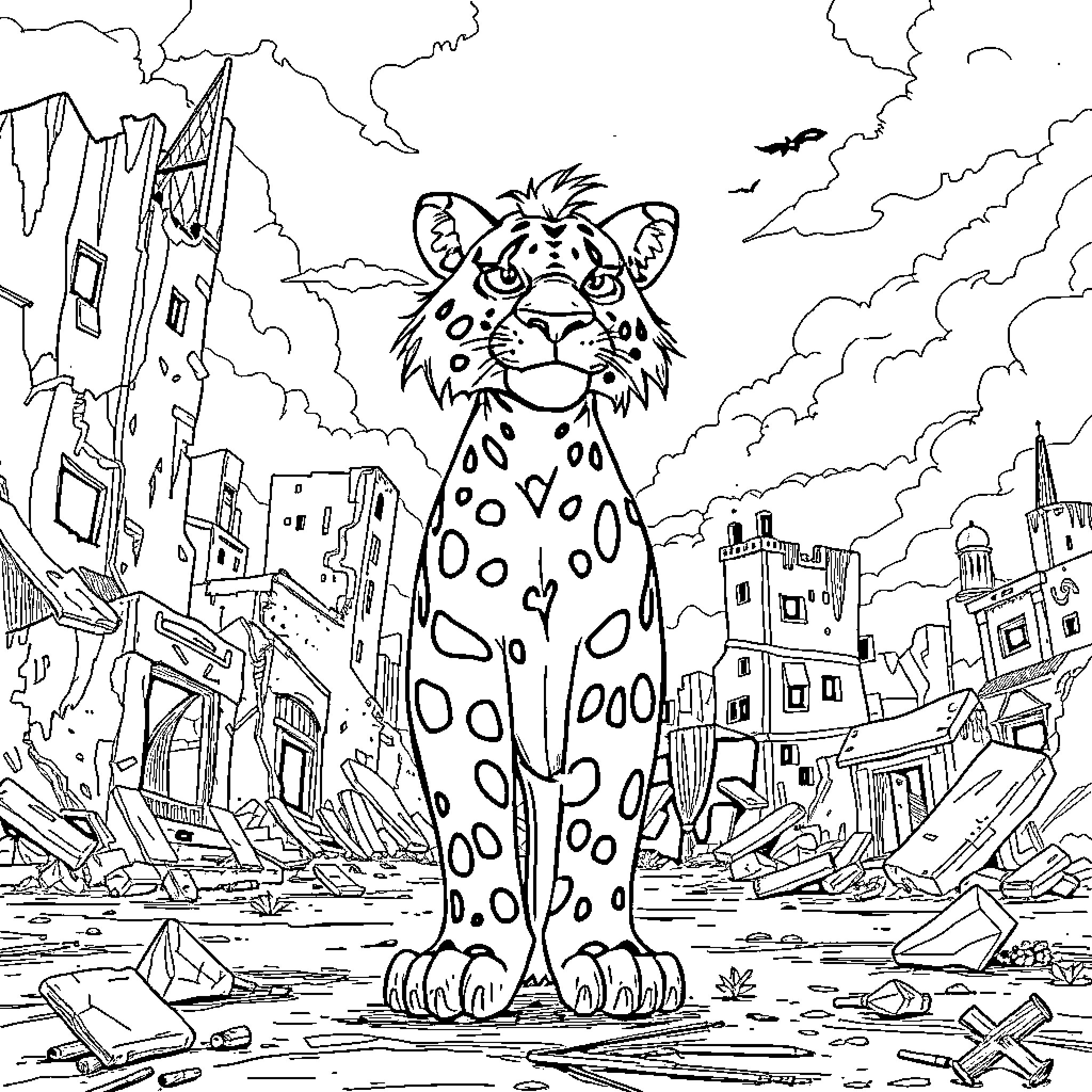 Kanha the Spotted Leopard in the Ruined City Coloring Page (free black-and-white line drawing printable PDF for all, from beginners to advanced learners, including children, teens, adults, and seniors)