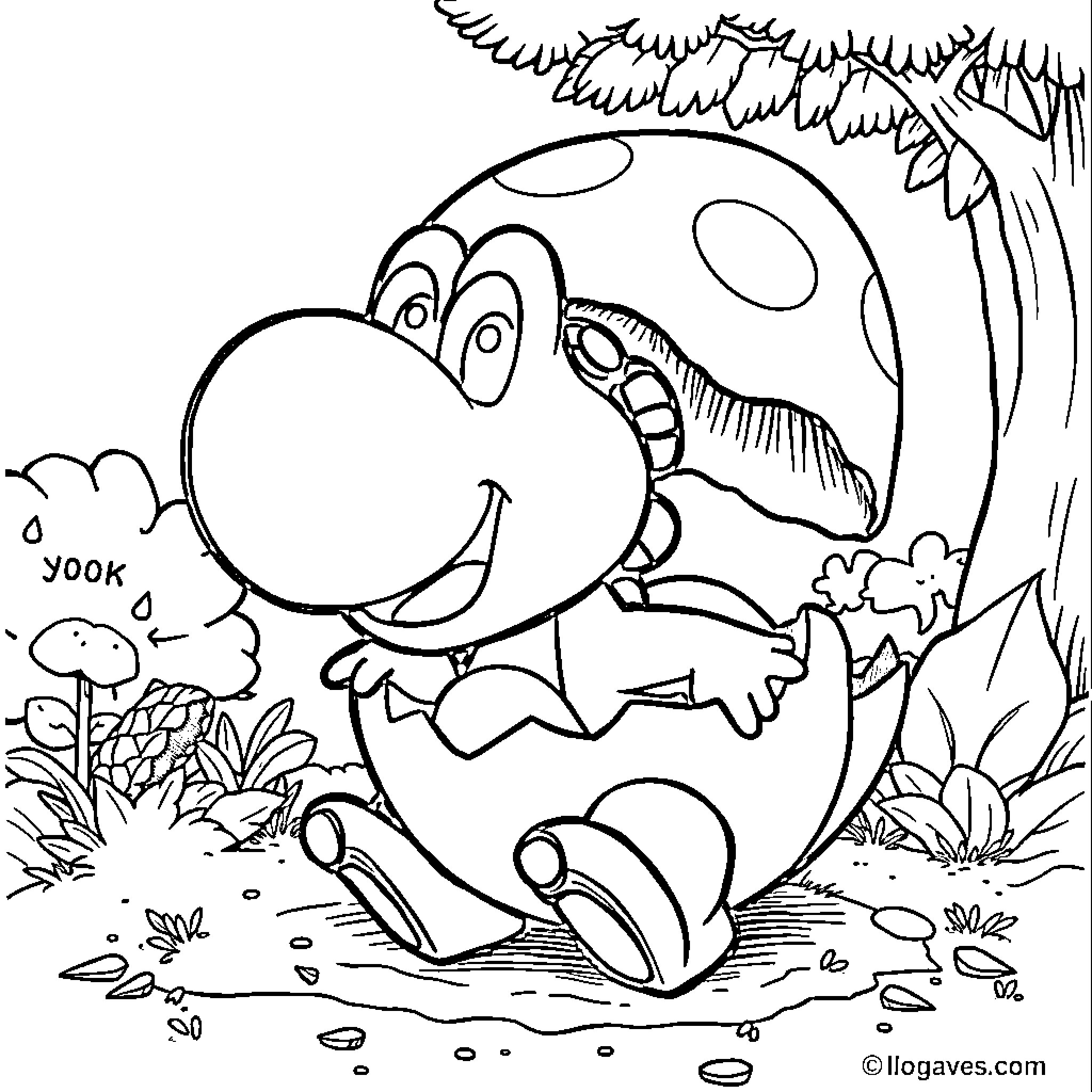 Yoshi smiling happily while walking through a forest Coloring Page (free black-and-white line drawing printable PDF for all, from beginners to advanced learners, including children, teens, adults, and seniors)