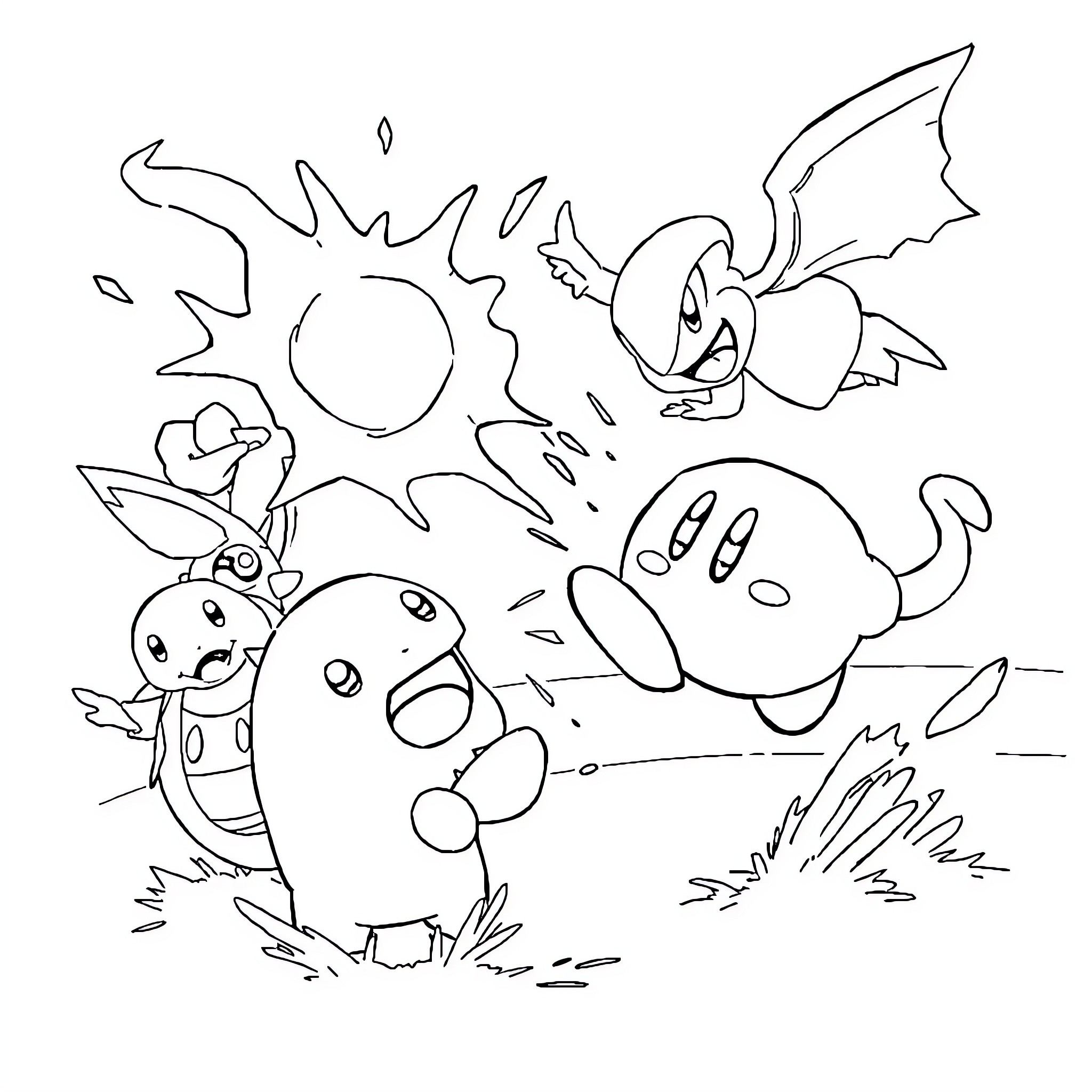 Kirby and friends enjoying a sunny day Coloring Page (free black-and-white line drawing printable PDF for all, from beginners to advanced learners, including children, teens, adults, and seniors)
