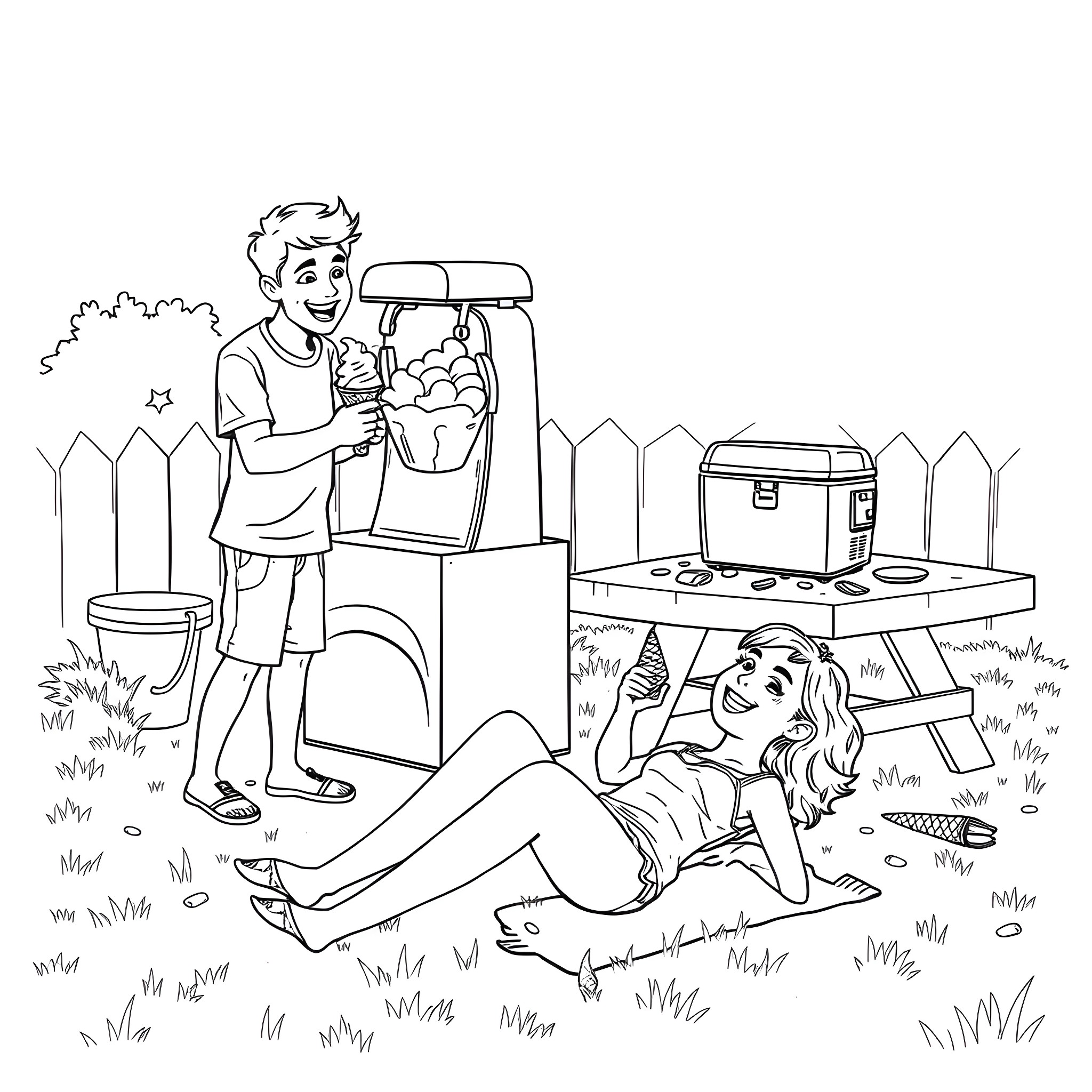 Young Man and Woman Enjoying Picnic Outdoors Coloring Page (free black-and-white line drawing printable PDF for all, from beginners to advanced learners, including children, teens, adults, and seniors)