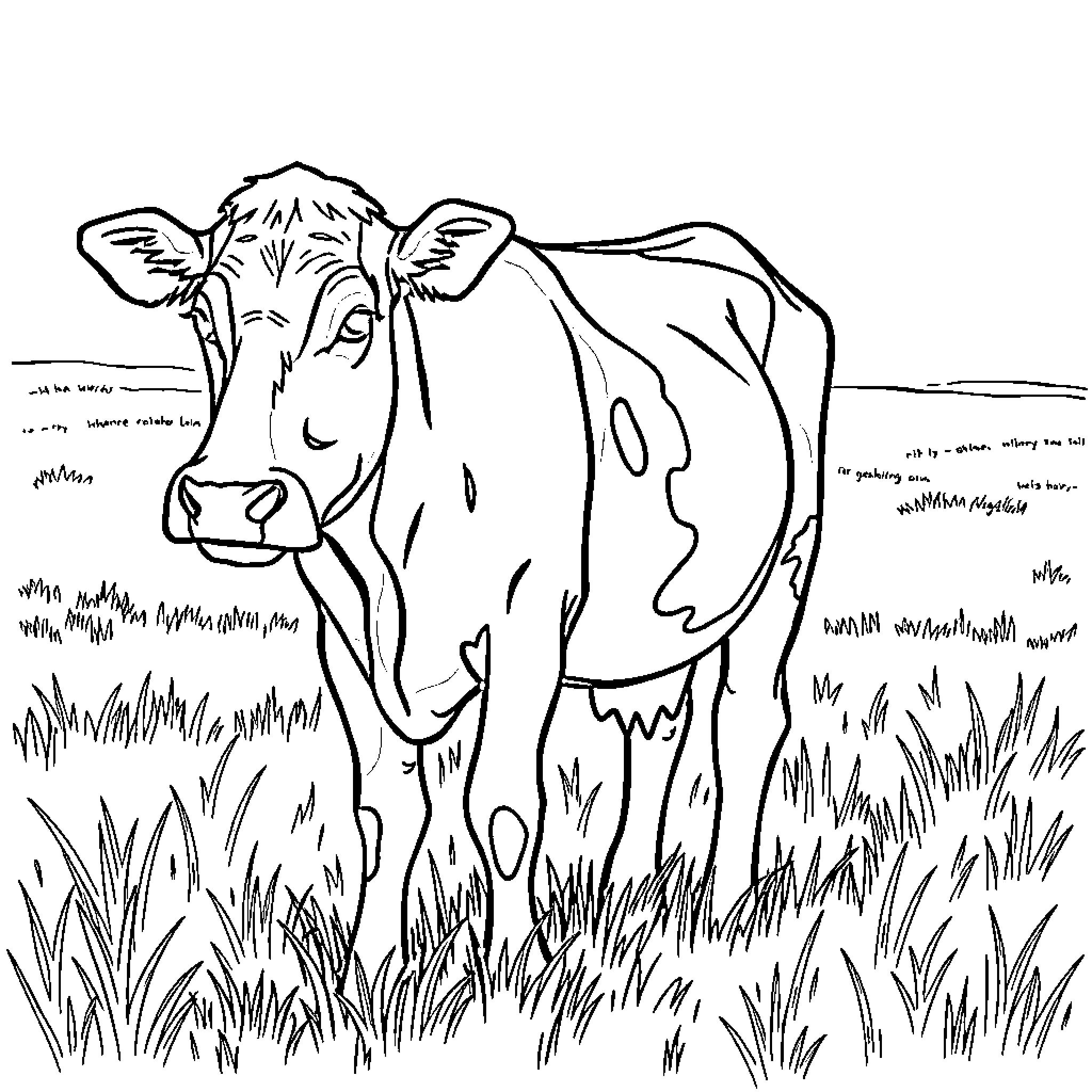 Cow standing in a grassy field Coloring Page (free black-and-white line drawing printable PDF for all, from beginners to advanced learners, including children, teens, adults, and seniors)