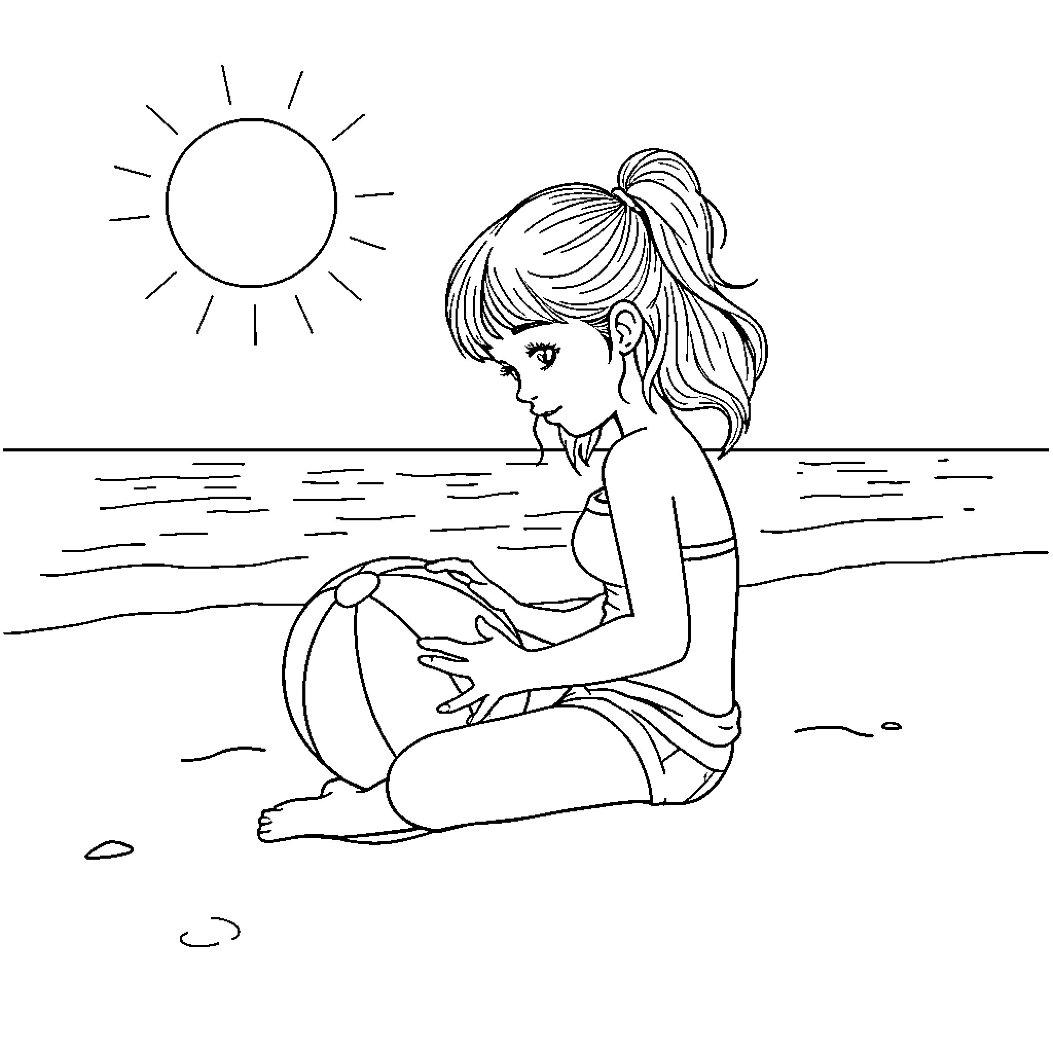 Girl playing with beach ball on the shore Coloring Page (free black-and-white line drawing printable PDF for all, from beginners to advanced learners, including children, teens, adults, and seniors)