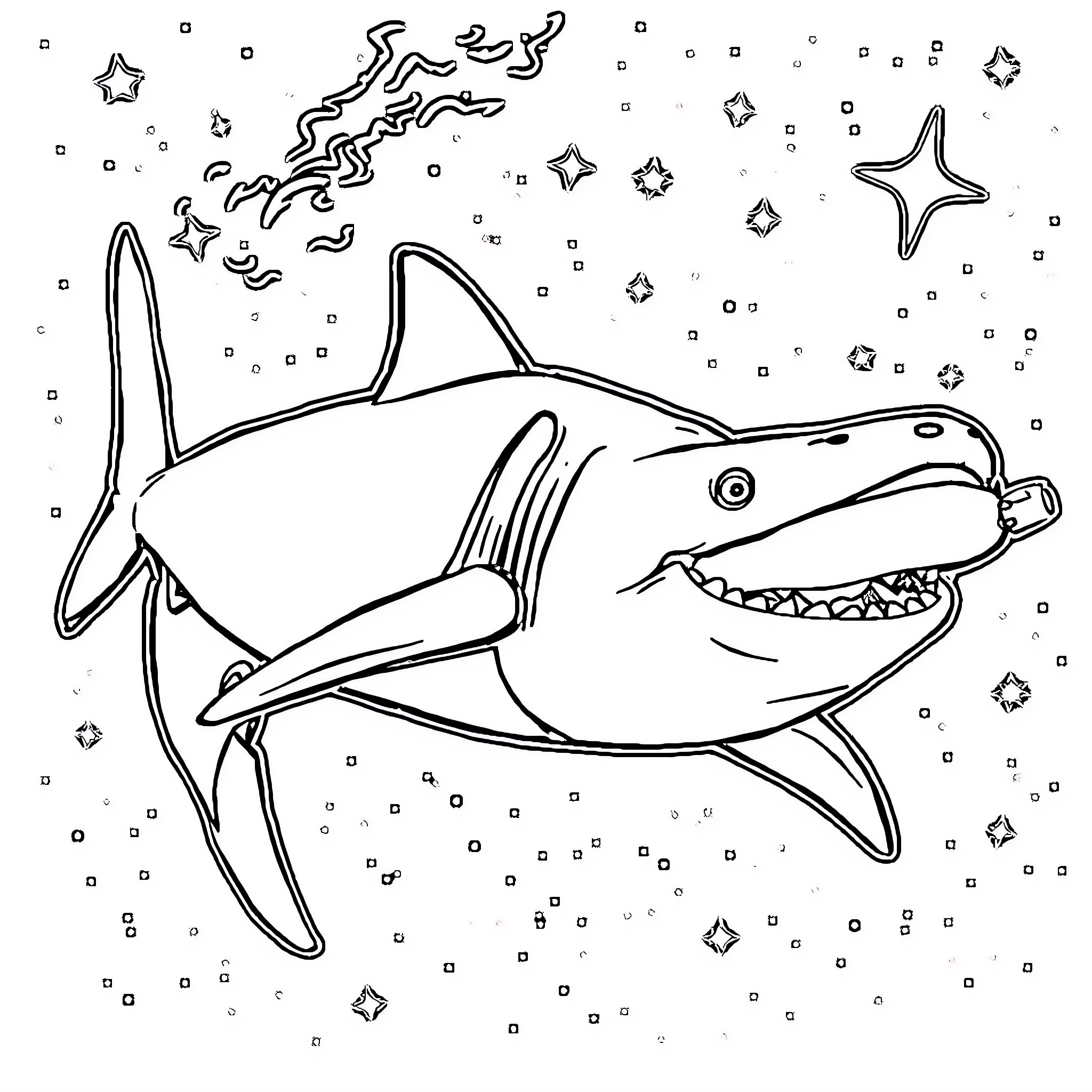 Shark swimming among stars in the night sky Coloring Page (free black-and-white line drawing printable PDF for all, from beginners to advanced learners, including children, teens, adults, and seniors)