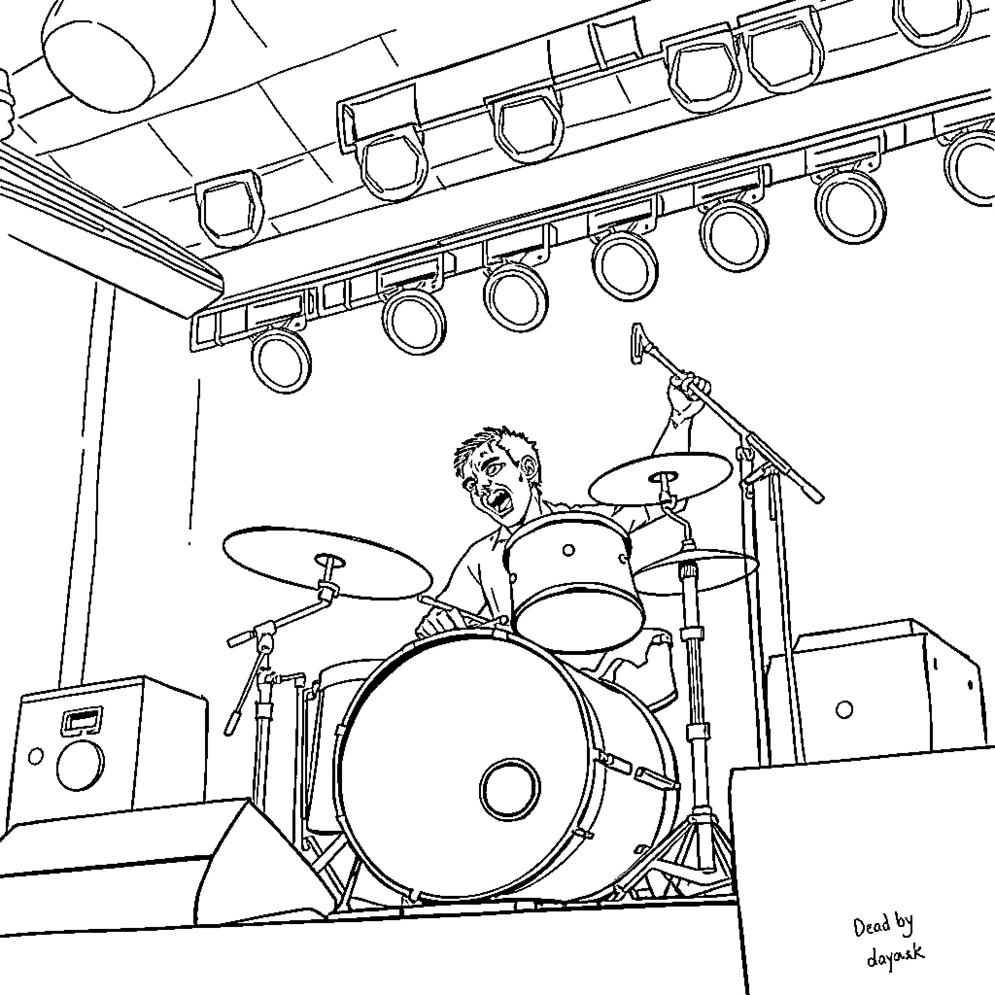 Vee Boonyasak playing drums on stage Coloring Page (free black-and-white line drawing printable PDF for all, from beginners to advanced learners, including children, teens, adults, and seniors)