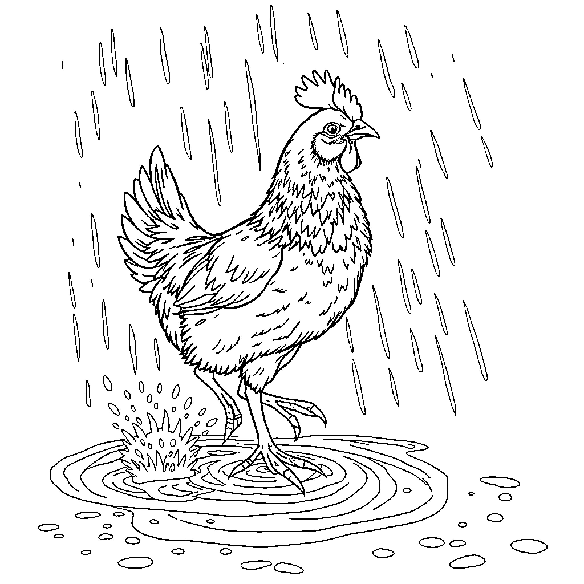 Gallina strutting proudly in the rain Coloring Page (free black-and-white line drawing printable PDF for all, from beginners to advanced learners, including children, teens, adults, and seniors)