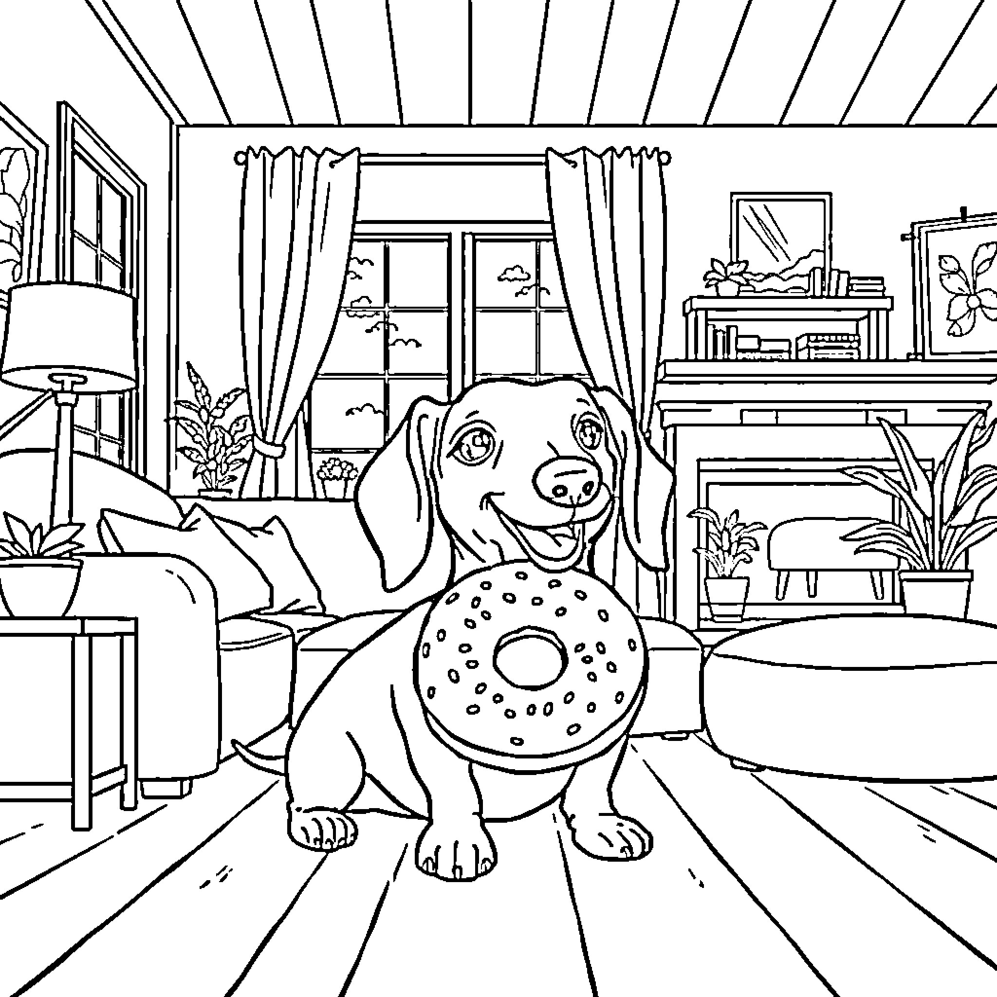 Dachshund enjoying a donut-shaped toy in a cozy living room Coloring Page (free black-and-white line drawing printable PDF for all, from beginners to advanced learners, including children, teens, adults, and seniors)