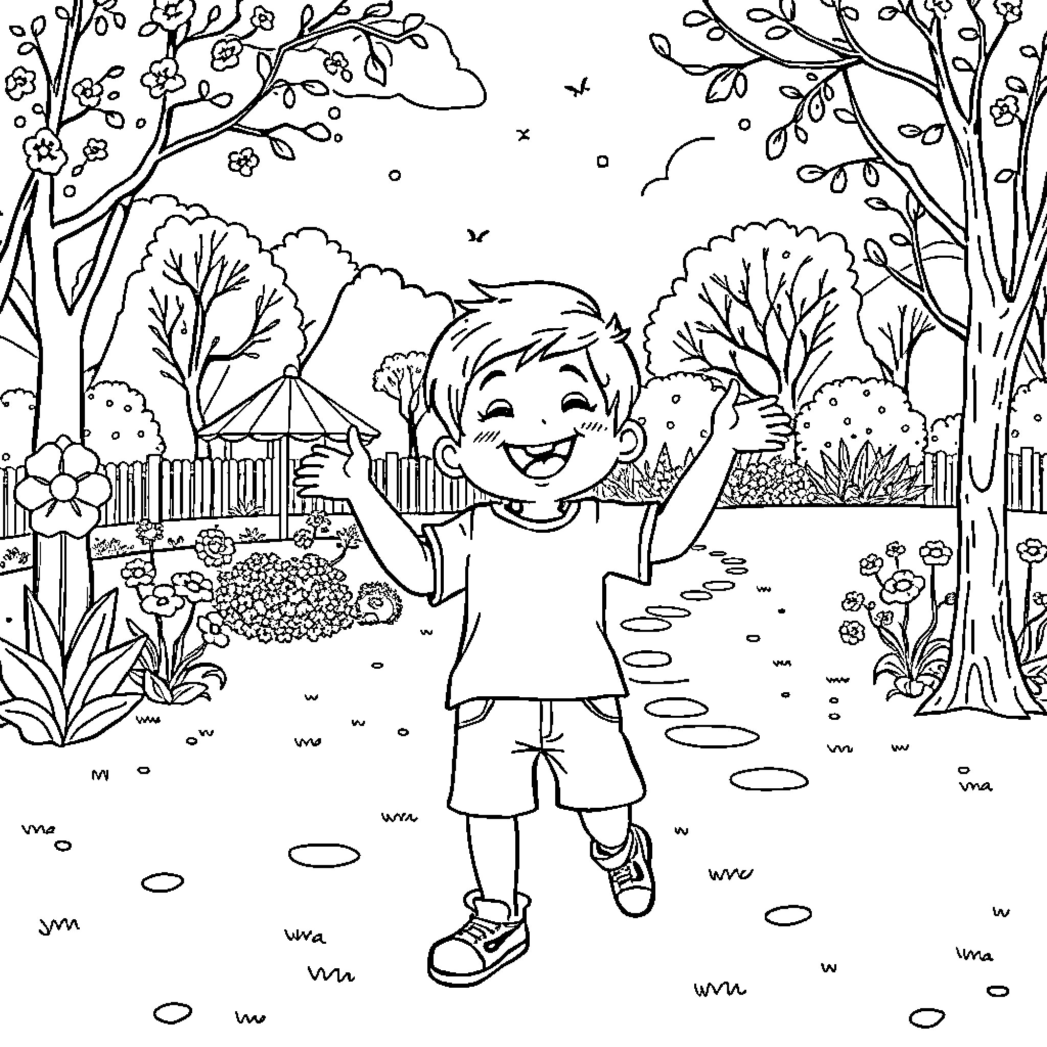 Niño exploring the magical forest Coloring Page (free black-and-white line drawing printable PDF for all, from beginners to advanced learners, including children, teens, adults, and seniors)