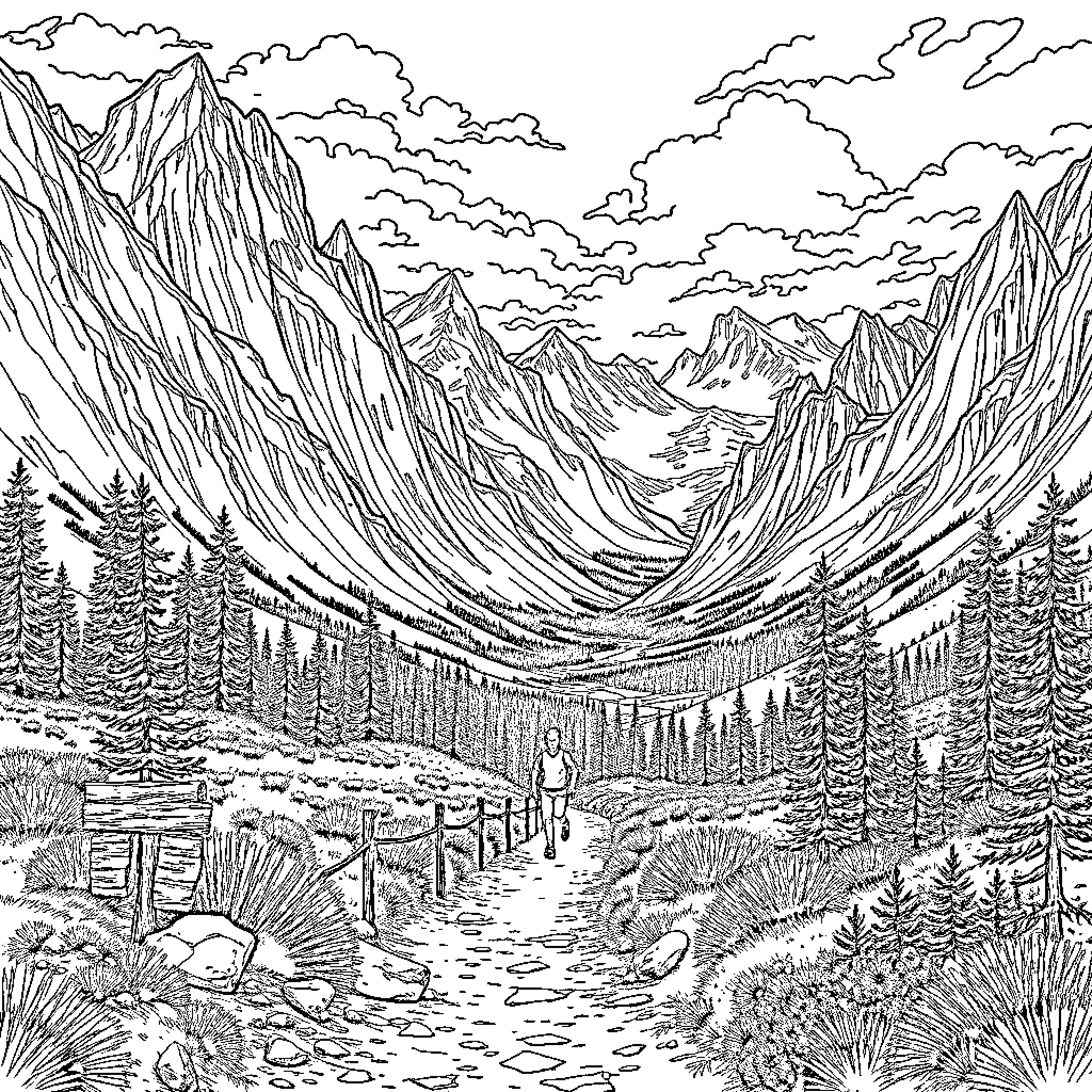Mountain landscape with rocky peaks and forested valley Coloring Page (free black-and-white line drawing printable PDF for all, from beginners to advanced learners, including children, teens, adults, and seniors)
