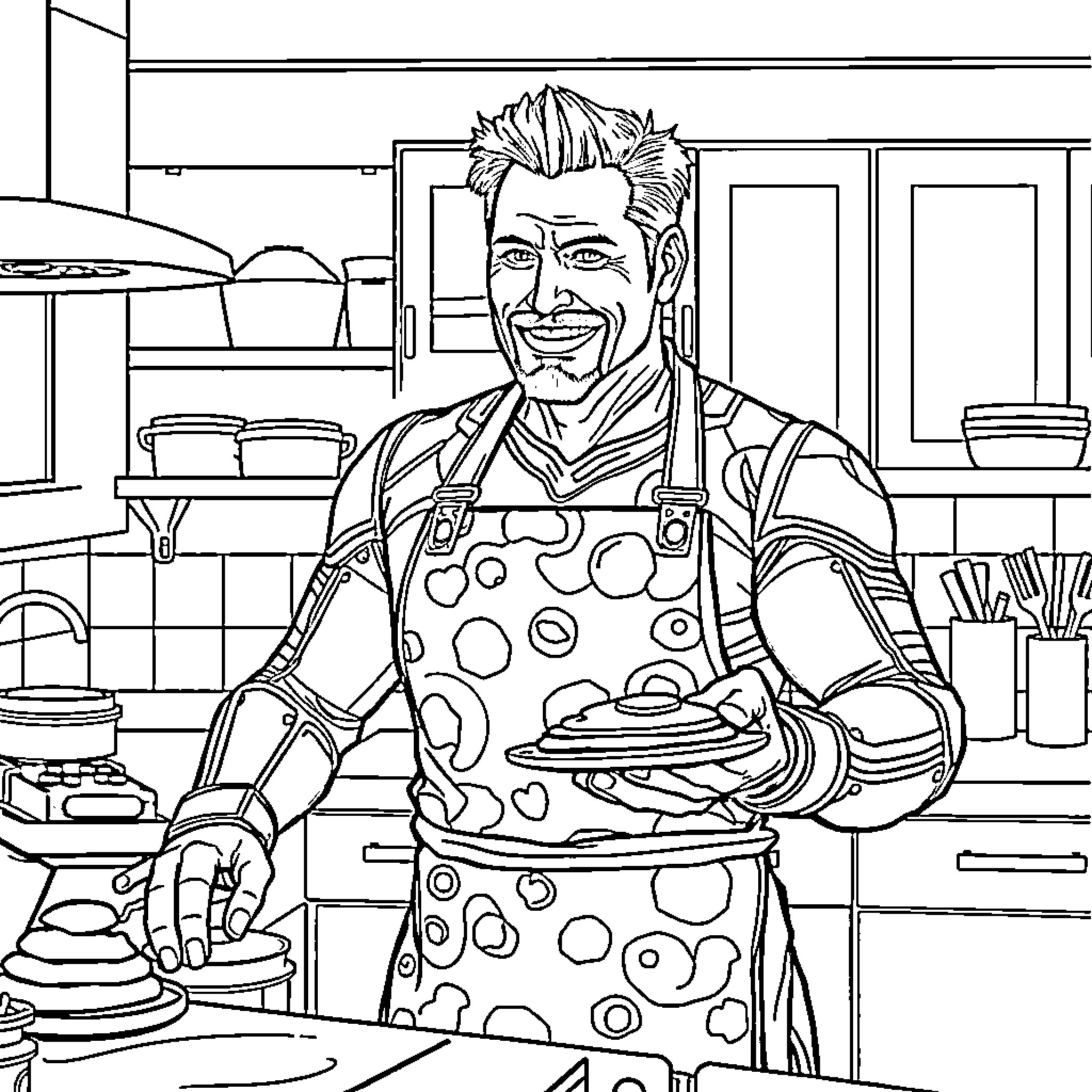 Tony Stark cooking in the kitchen Coloring Page (free black-and-white line drawing printable PDF for all, from beginners to advanced learners, including children, teens, adults, and seniors)