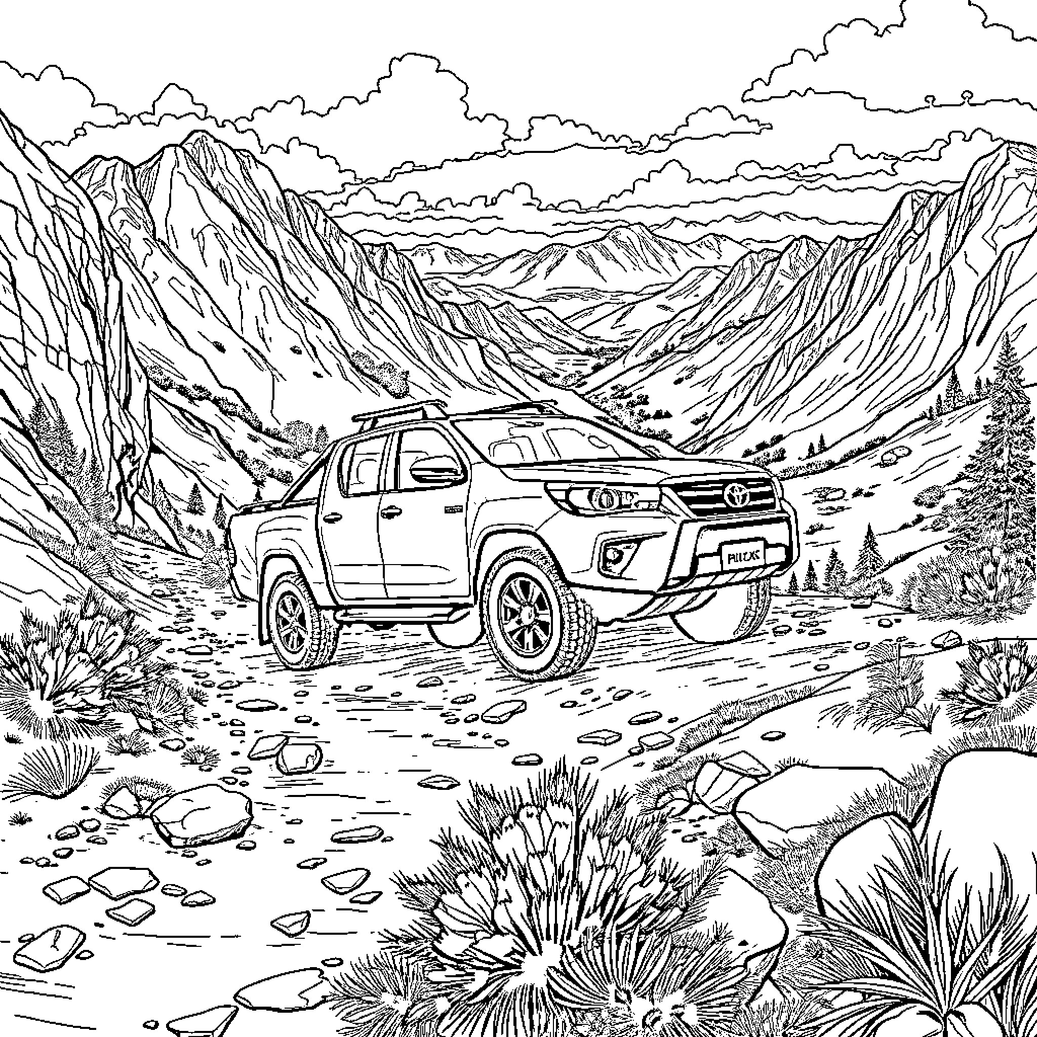 4wd truck navigating through rugged mountain terrain Coloring Page (free black-and-white line drawing printable PDF for all, from beginners to advanced learners, including children, teens, adults, and seniors)