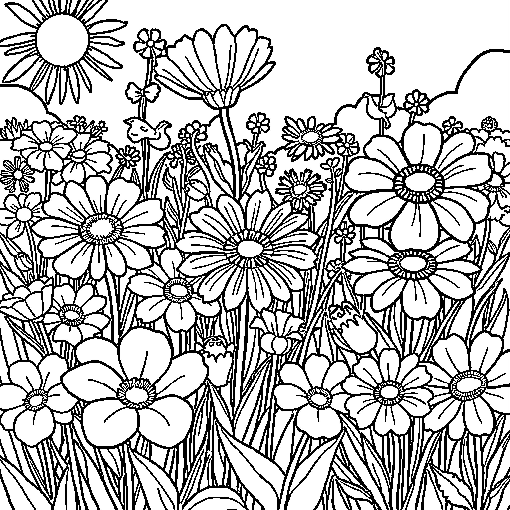 Flower garden with vibrant blooms Coloring Page (free black-and-white line drawing printable PDF for all, from beginners to advanced learners, including children, teens, adults, and seniors)
