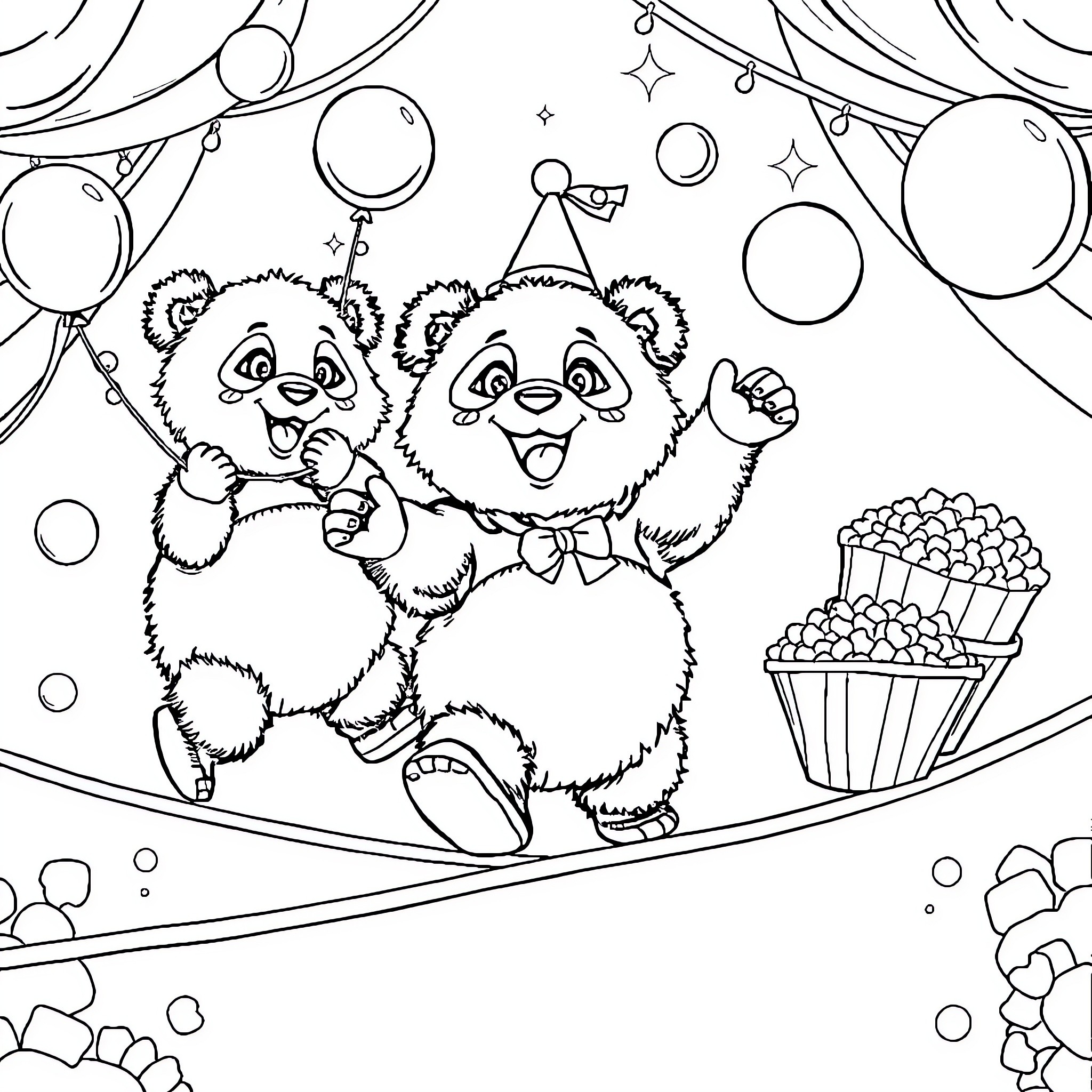 Panda Circus Performers Celebrating Coloring Page (free black-and-white line drawing printable PDF for all, from beginners to advanced learners, including children, teens, adults, and seniors)