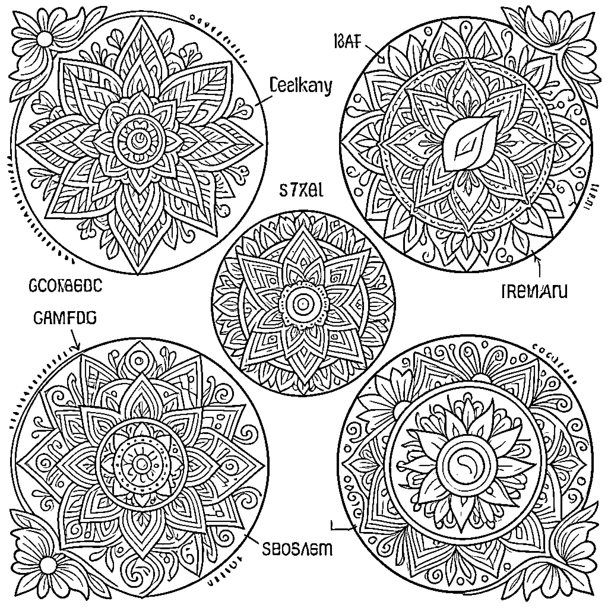 Transformaciones de mandala y motivos florales Coloring Page (free black-and-white line drawing printable PDF for all, from beginners to advanced learners, including children, teens, adults, and seniors)