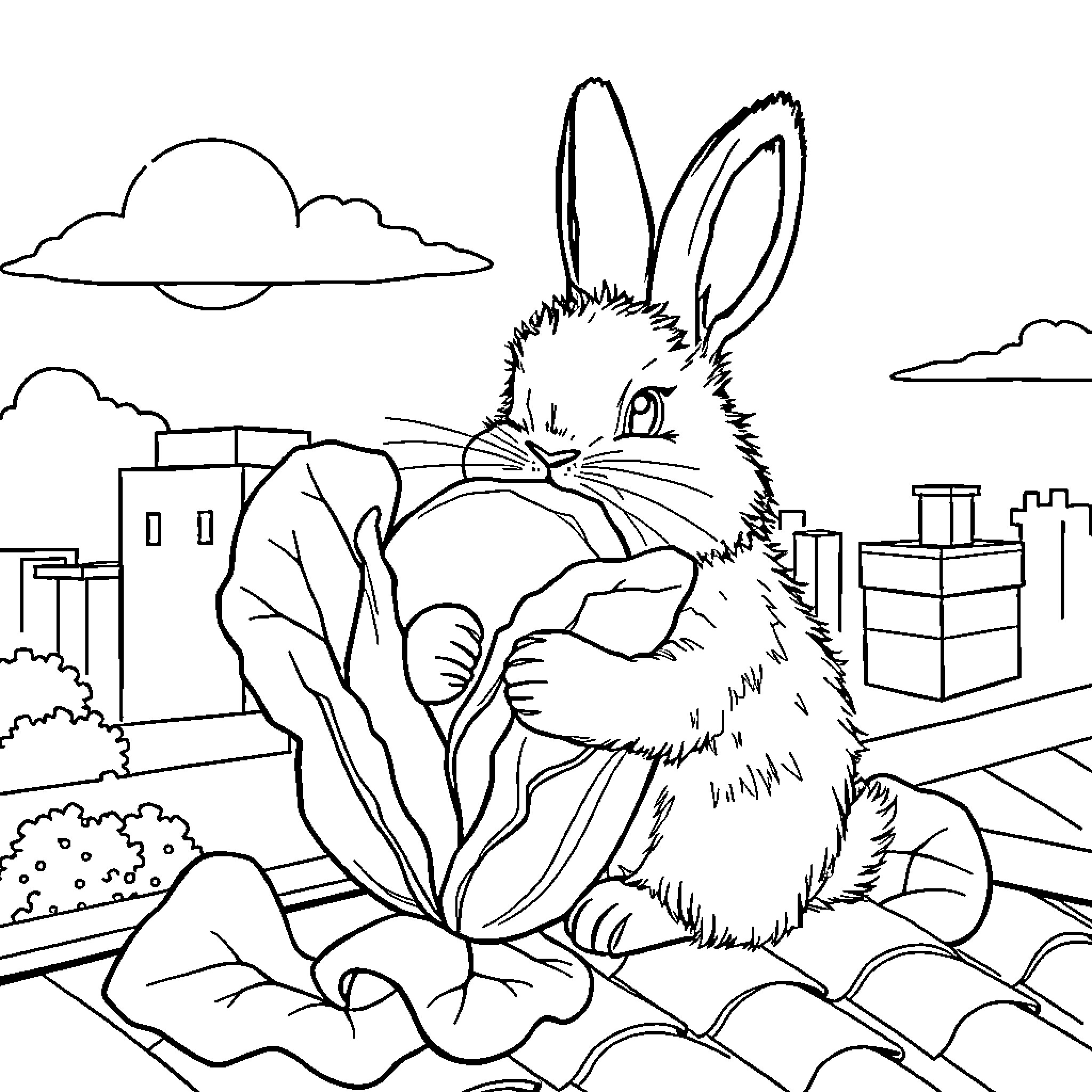 Rabbit sitting on a flower in the city Coloring Page (free black-and-white line drawing printable PDF for all, from beginners to advanced learners, including children, teens, adults, and seniors)