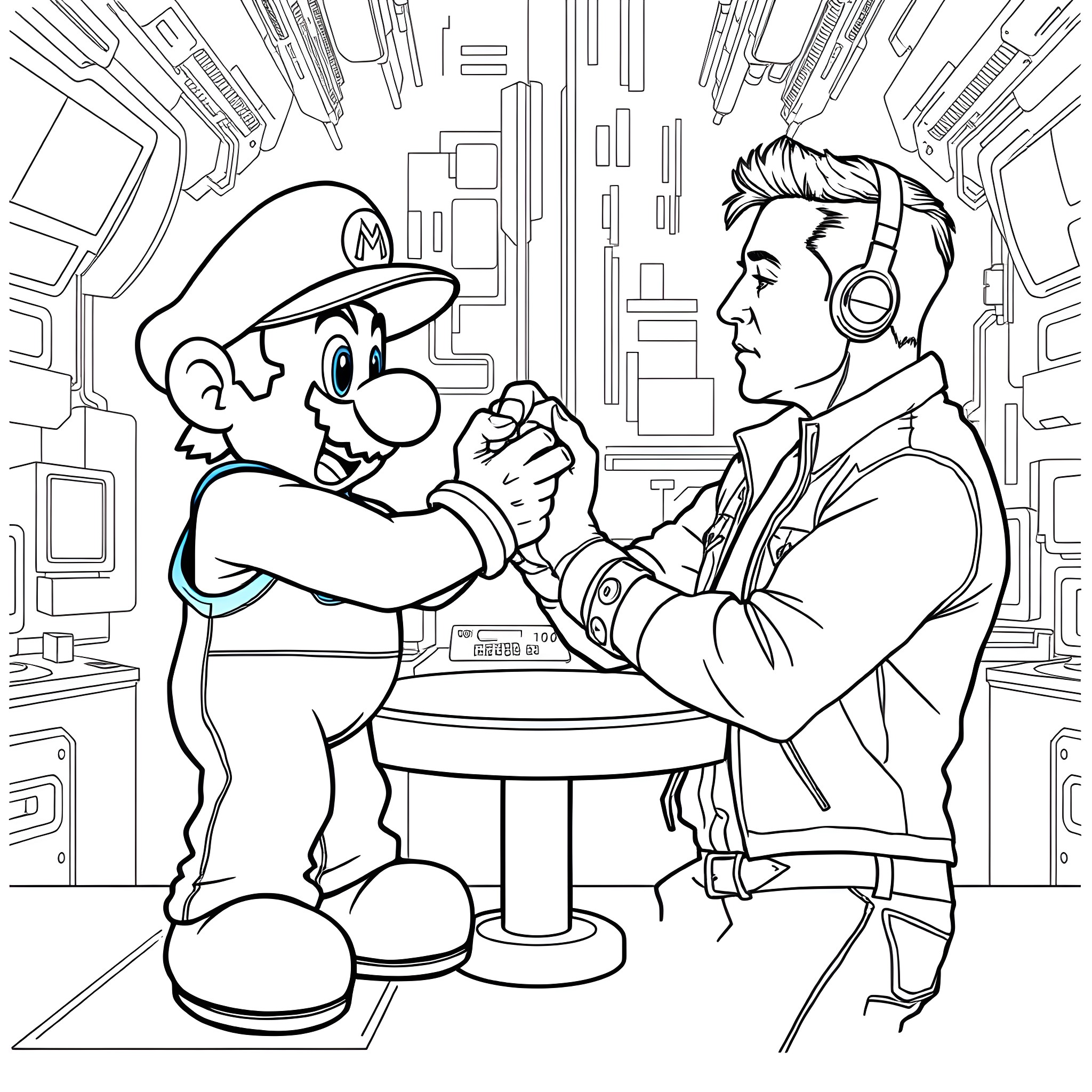 Super Mario Arm Wrestling with a Gamer Coloring Page (free black-and-white line drawing printable PDF for all, from beginners to advanced learners, including children, teens, adults, and seniors)