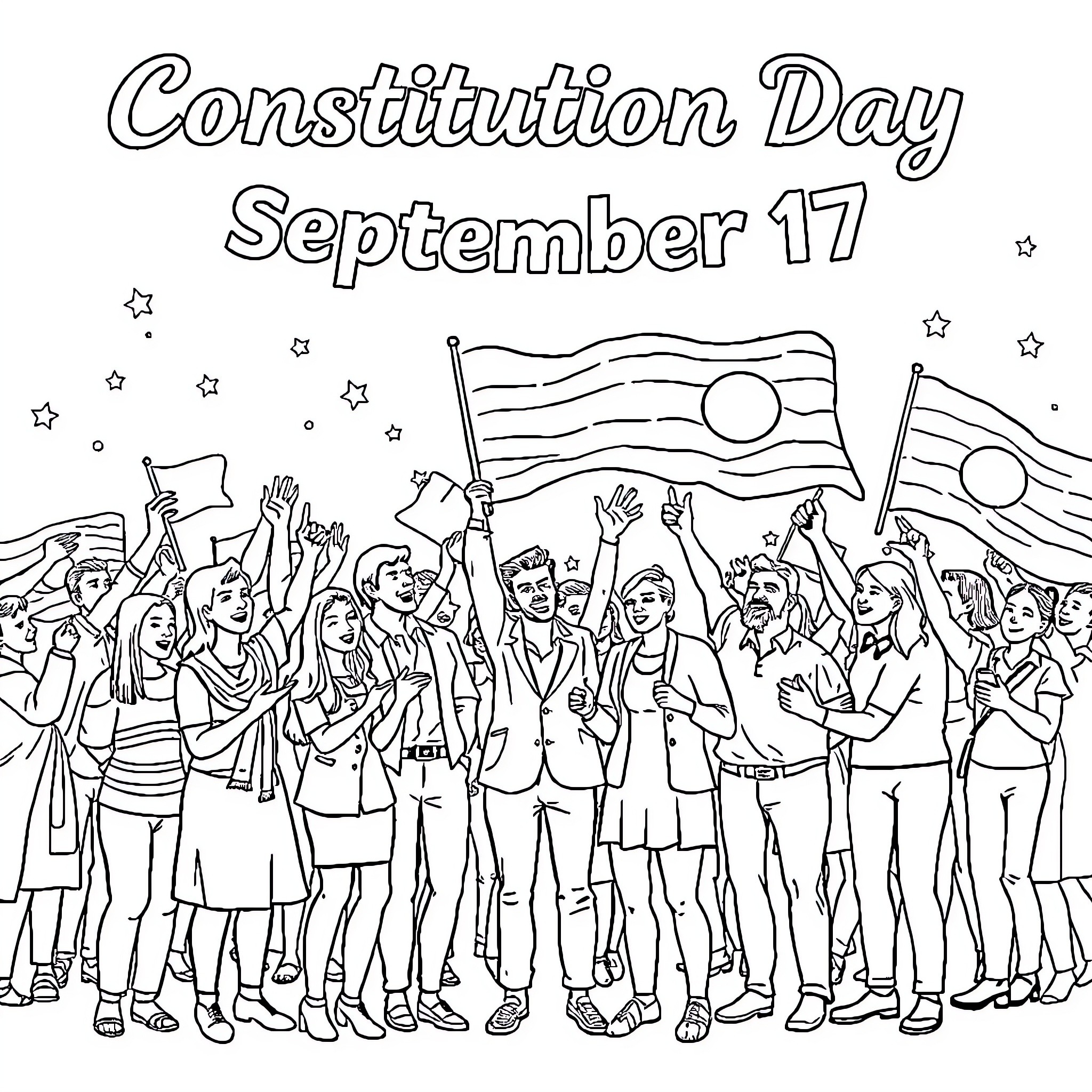 Constitution Day Celebration with Patriotic Crowd Coloring Page (free black-and-white line drawing printable PDF for all, from beginners to advanced learners, including children, teens, adults, and seniors)