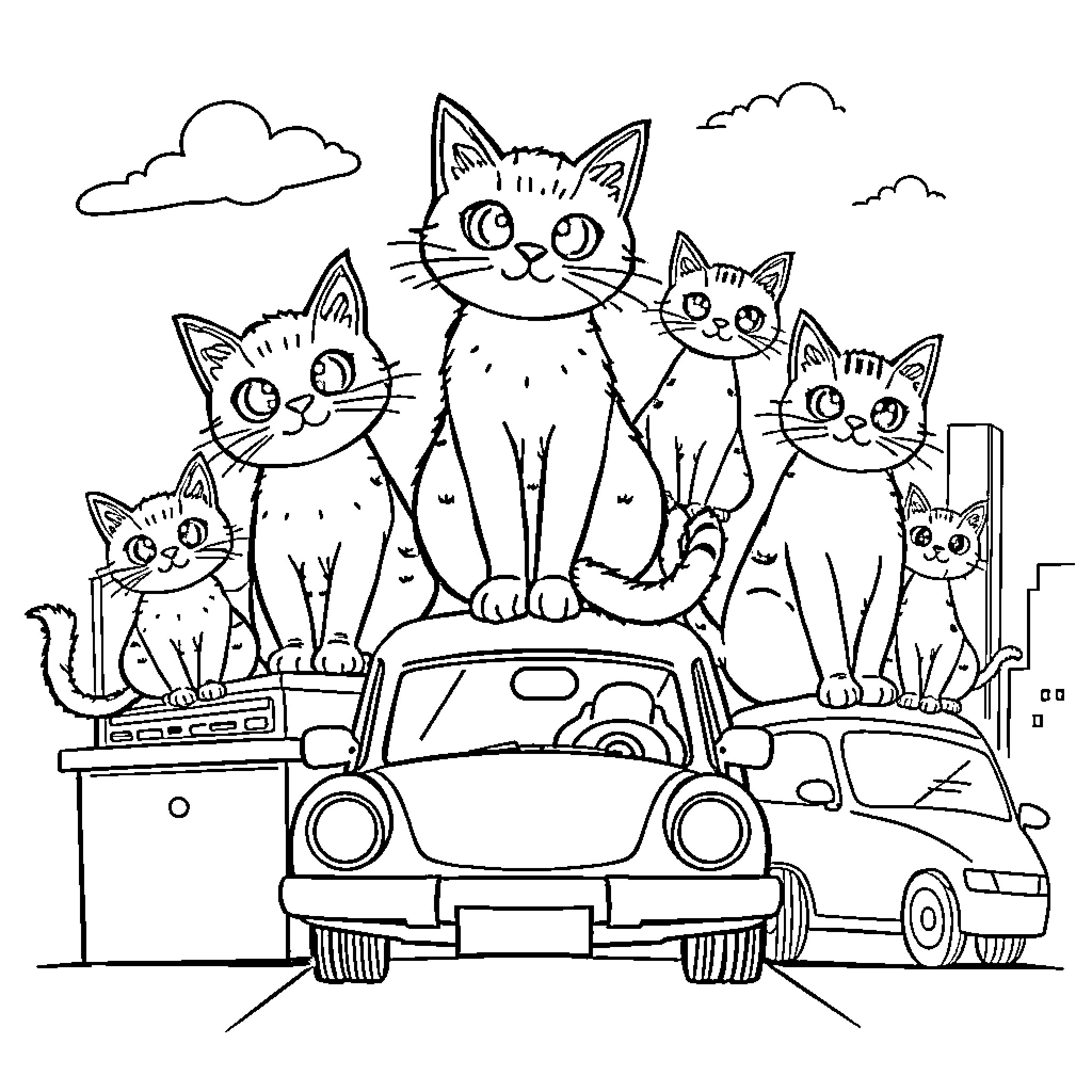 Cat and Kittens Joyfully Riding in Car Coloring Page (free black-and-white line drawing printable PDF for all, from beginners to advanced learners, including children, teens, adults, and seniors)