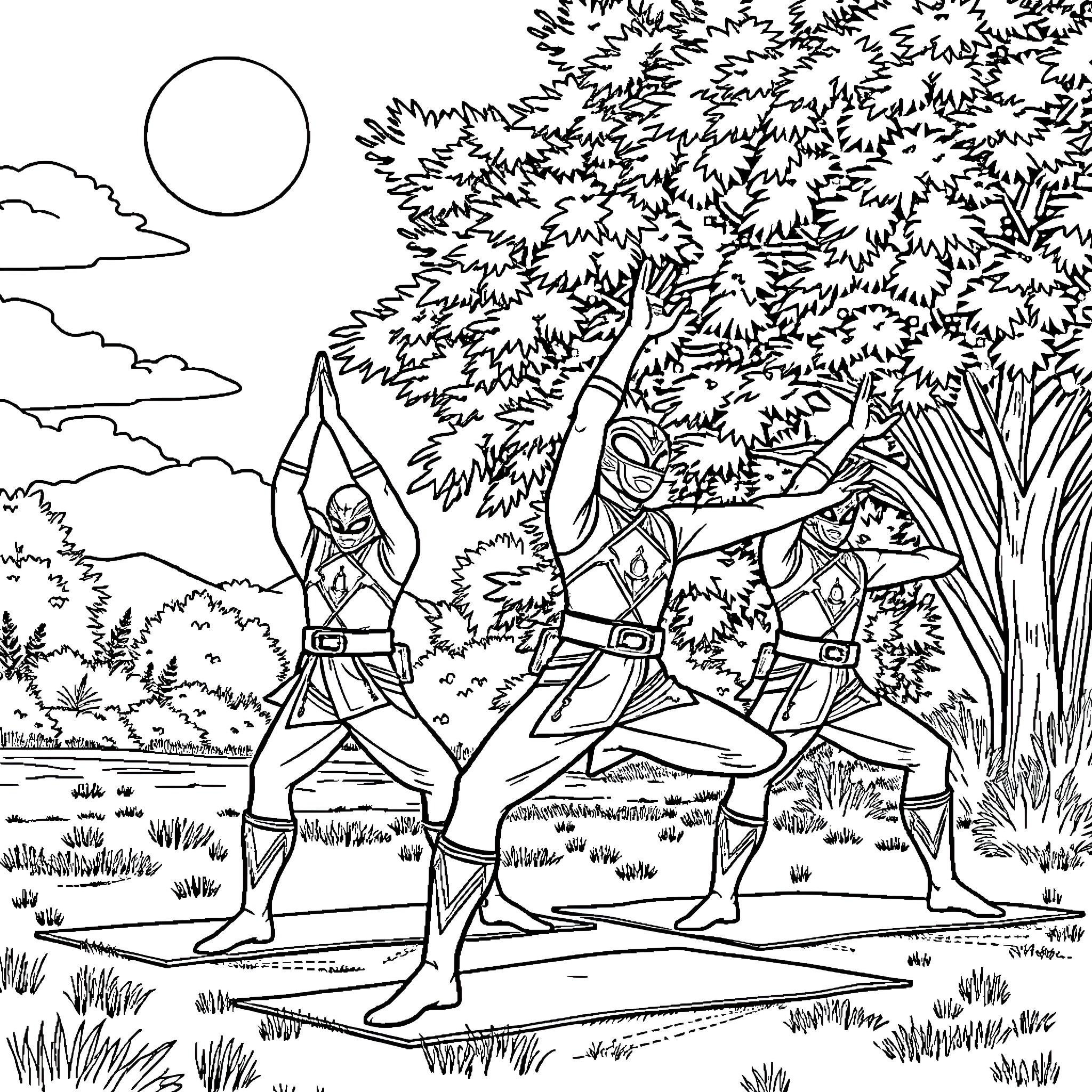 Power Rangers performing martial arts in a serene forest Coloring Page (free black-and-white line drawing printable PDF for all, from beginners to advanced learners, including children, teens, adults, and seniors)