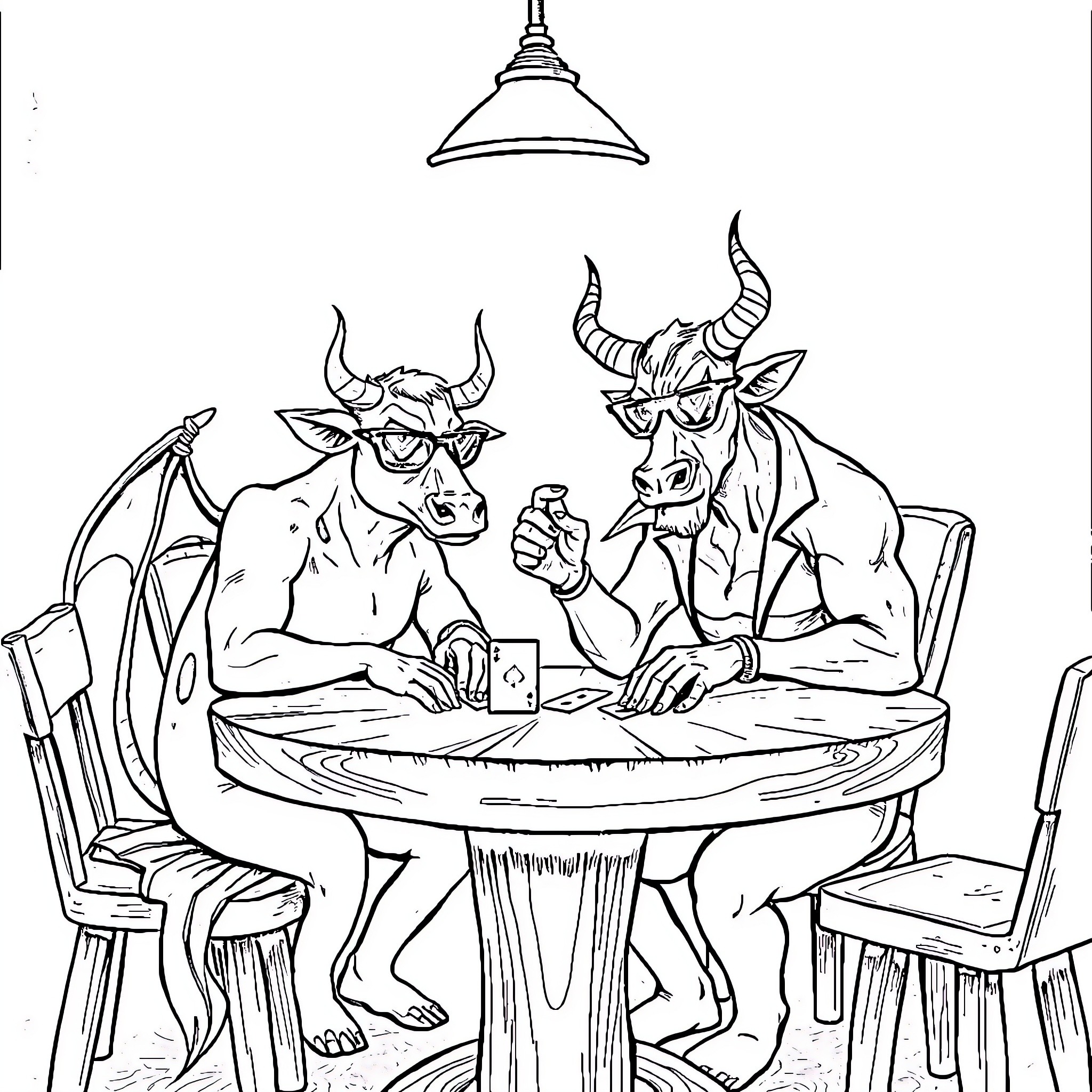 Devil-like creatures playing cards at table under lamp Coloring Page (free black-and-white line drawing printable PDF for all, from beginners to advanced learners, including children, teens, adults, and seniors)