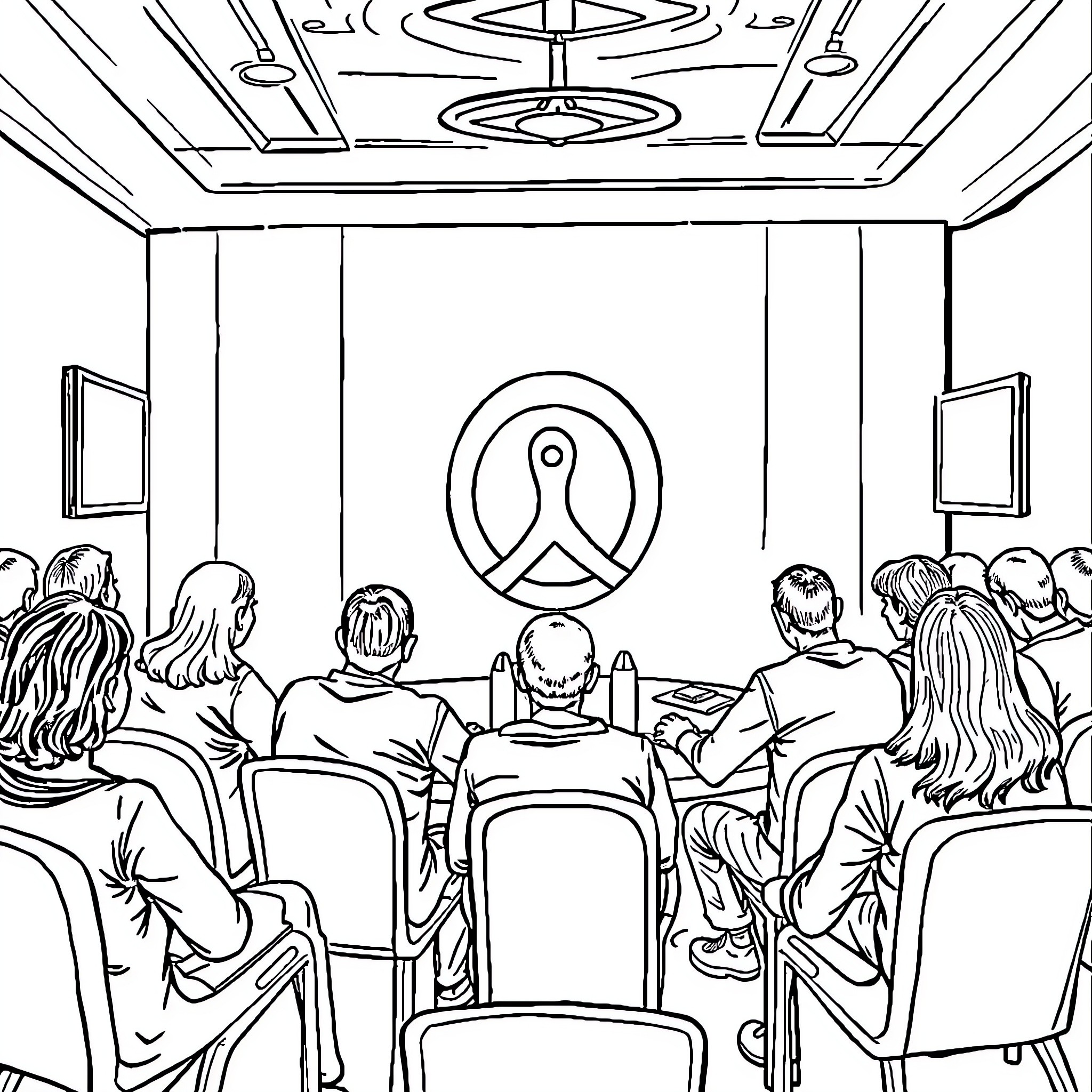 Addiction to Technology: Audience Captivated by Screens Coloring Page (free black-and-white line drawing printable PDF for all, from beginners to advanced learners, including children, teens, adults, and seniors)