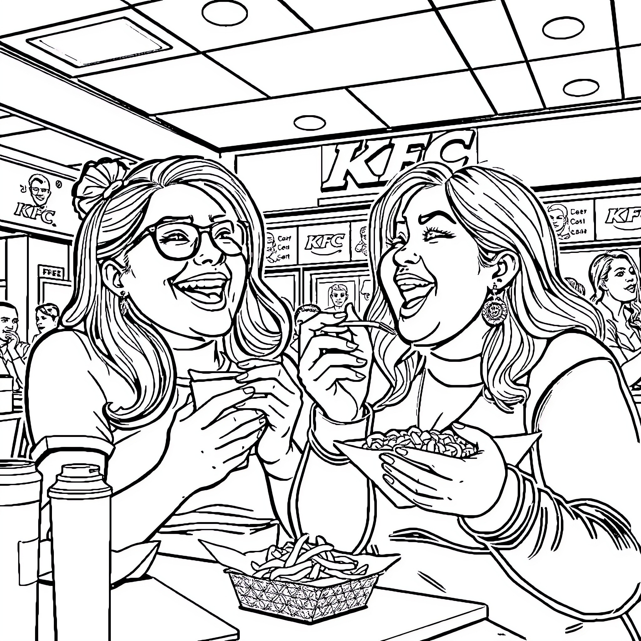 Latina Women Dining and Socializing in Restaurant Coloring Page (free black-and-white line drawing printable PDF for all, from beginners to advanced learners, including children, teens, adults, and seniors)