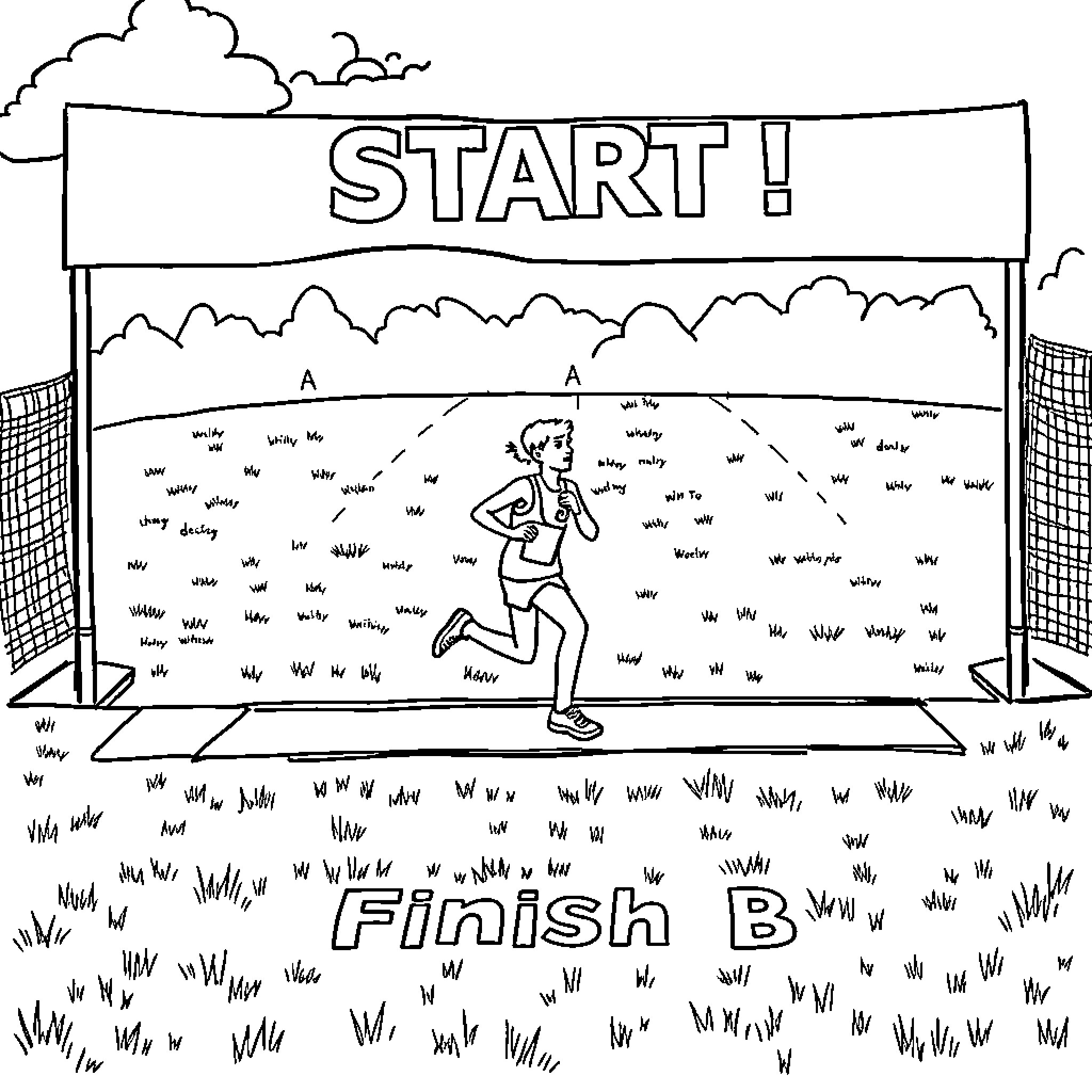 Runner sprinting across the finish line Coloring Page (free black-and-white line drawing printable PDF for all, from beginners to advanced learners, including children, teens, adults, and seniors)