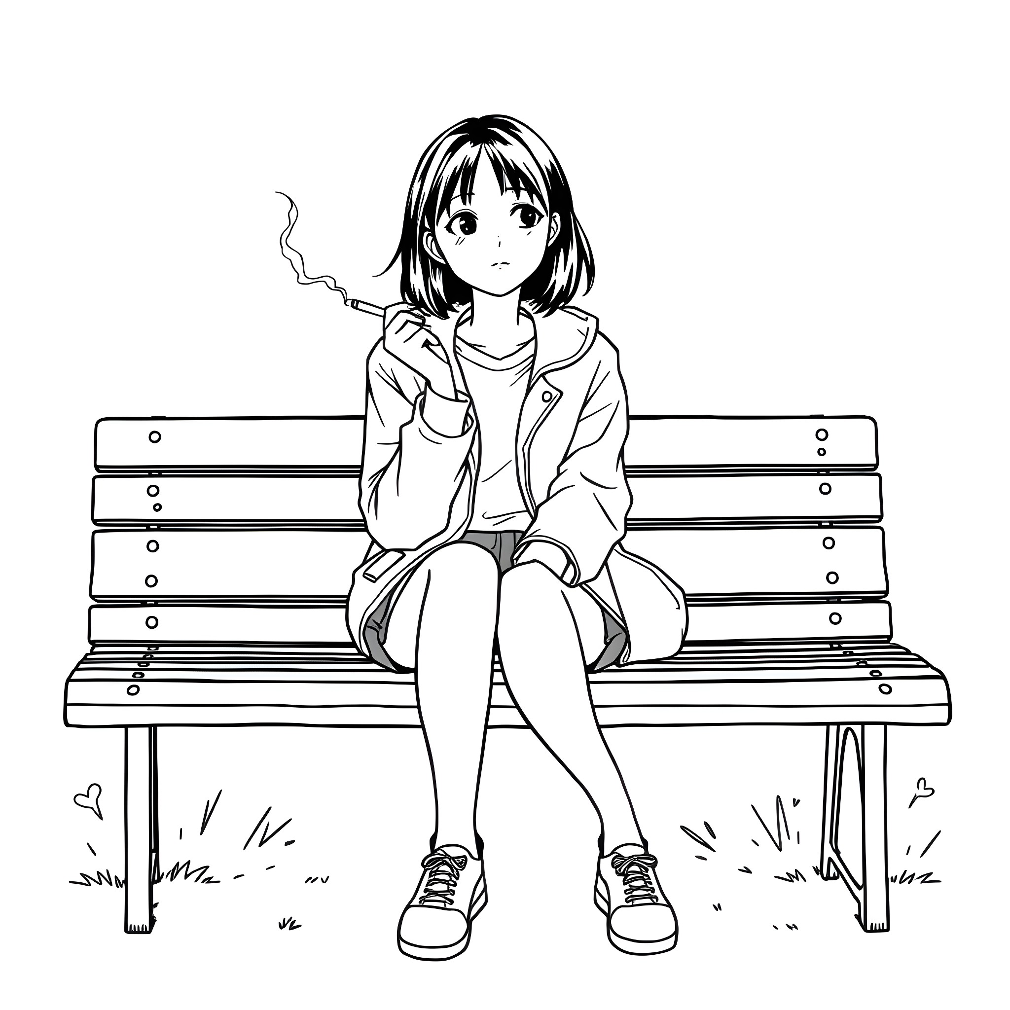 Girl sitting on a bench, lost in thought Coloring Page (free black-and-white line drawing printable PDF for all, from beginners to advanced learners, including children, teens, adults, and seniors)