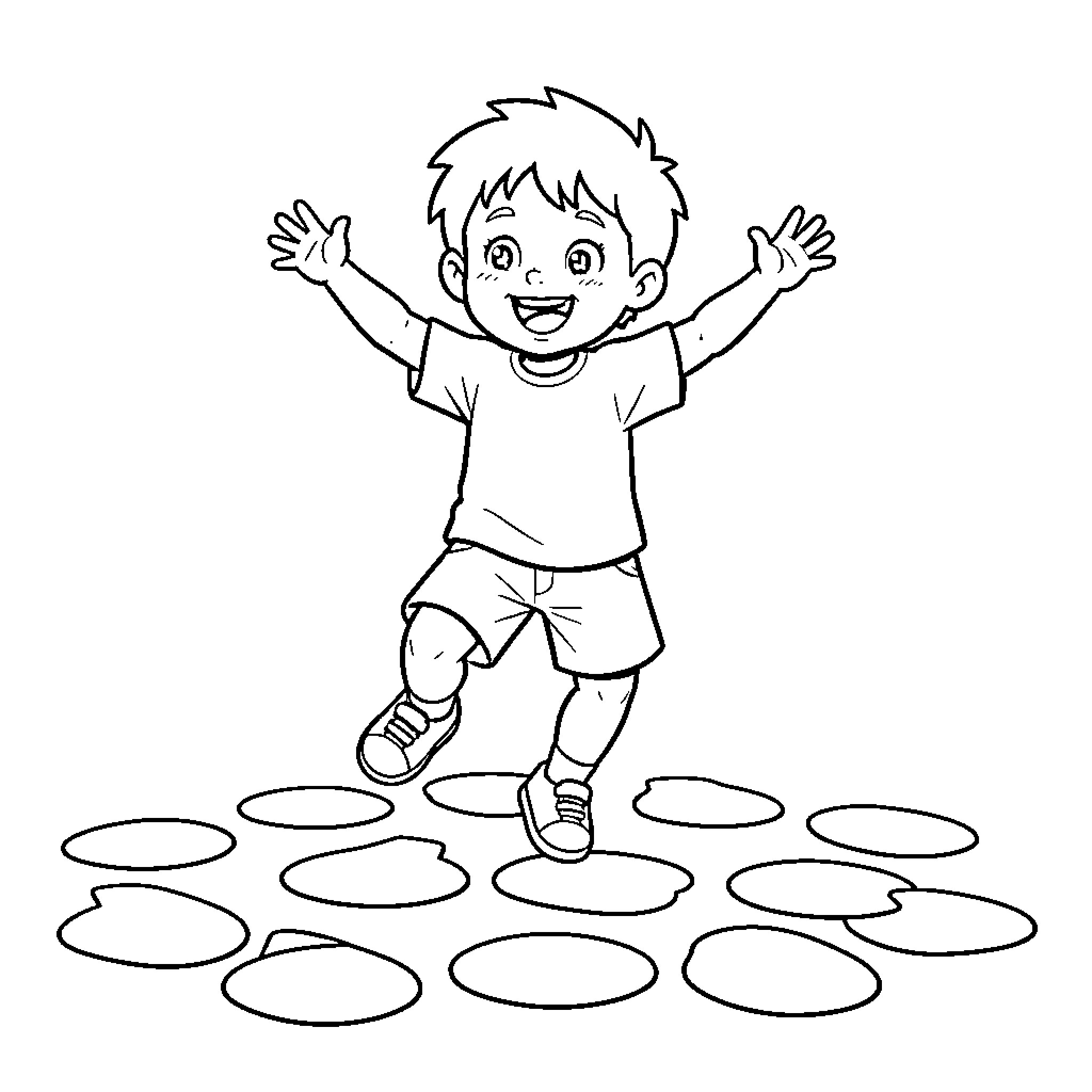 Child joyfully jumping on a game mat Coloring Page (free black-and-white line drawing printable PDF for all, from beginners to advanced learners, including children, teens, adults, and seniors)