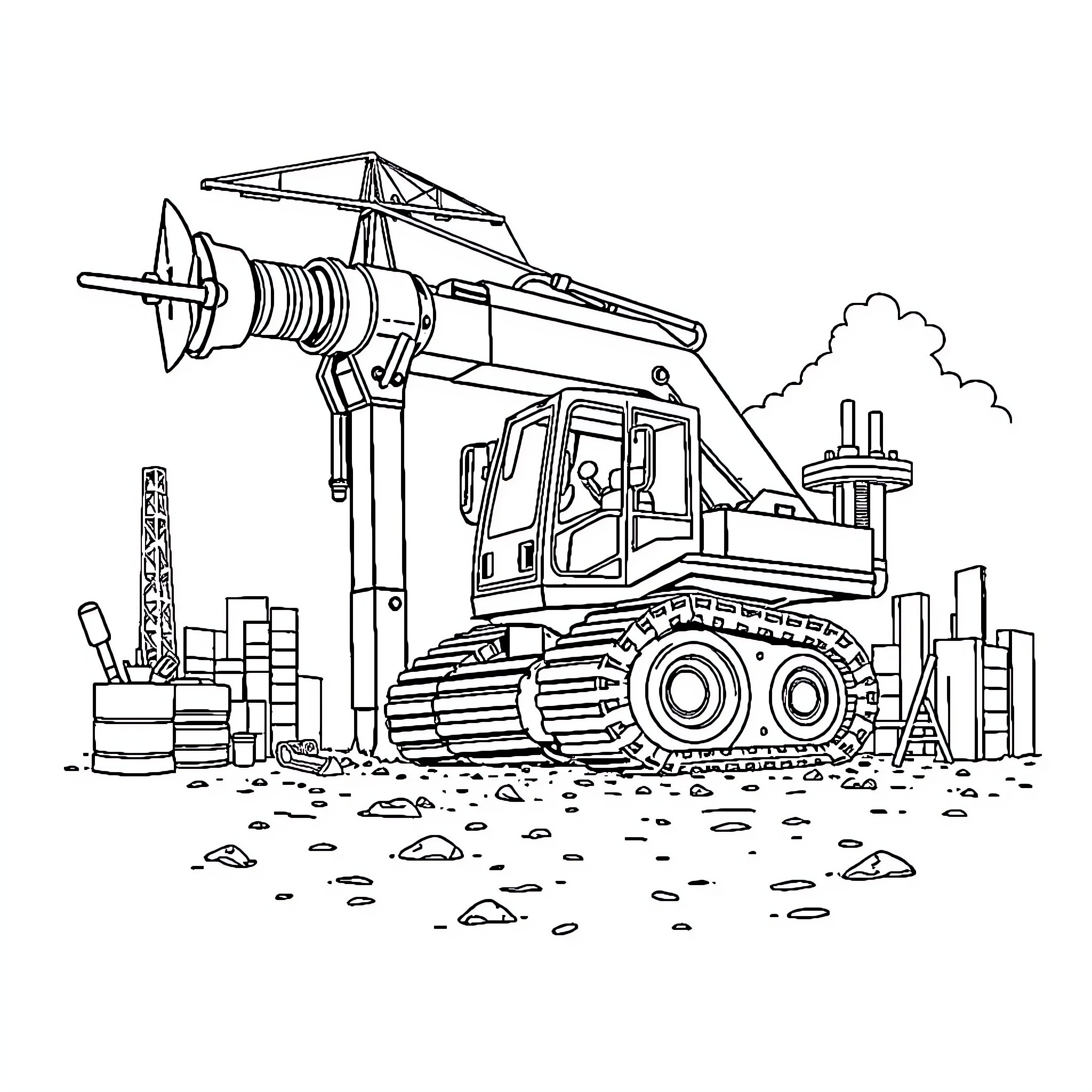 Heavy Equipment Operating at Construction Site Coloring Page (free black-and-white line drawing printable PDF for all, from beginners to advanced learners, including children, teens, adults, and seniors)