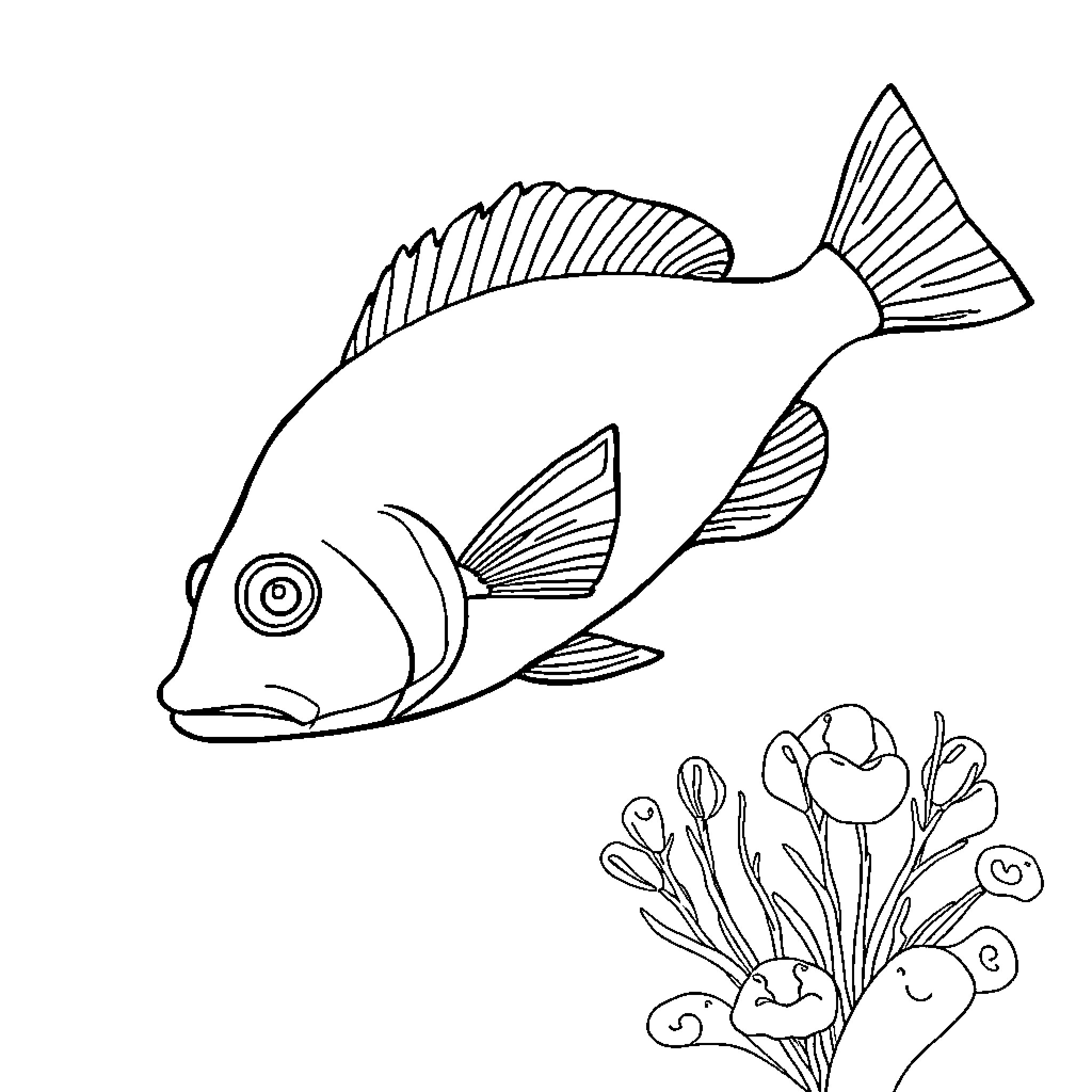 Trunkfish swimming among sea plants Coloring Page (free black-and-white line drawing printable PDF for all, from beginners to advanced learners, including children, teens, adults, and seniors)
