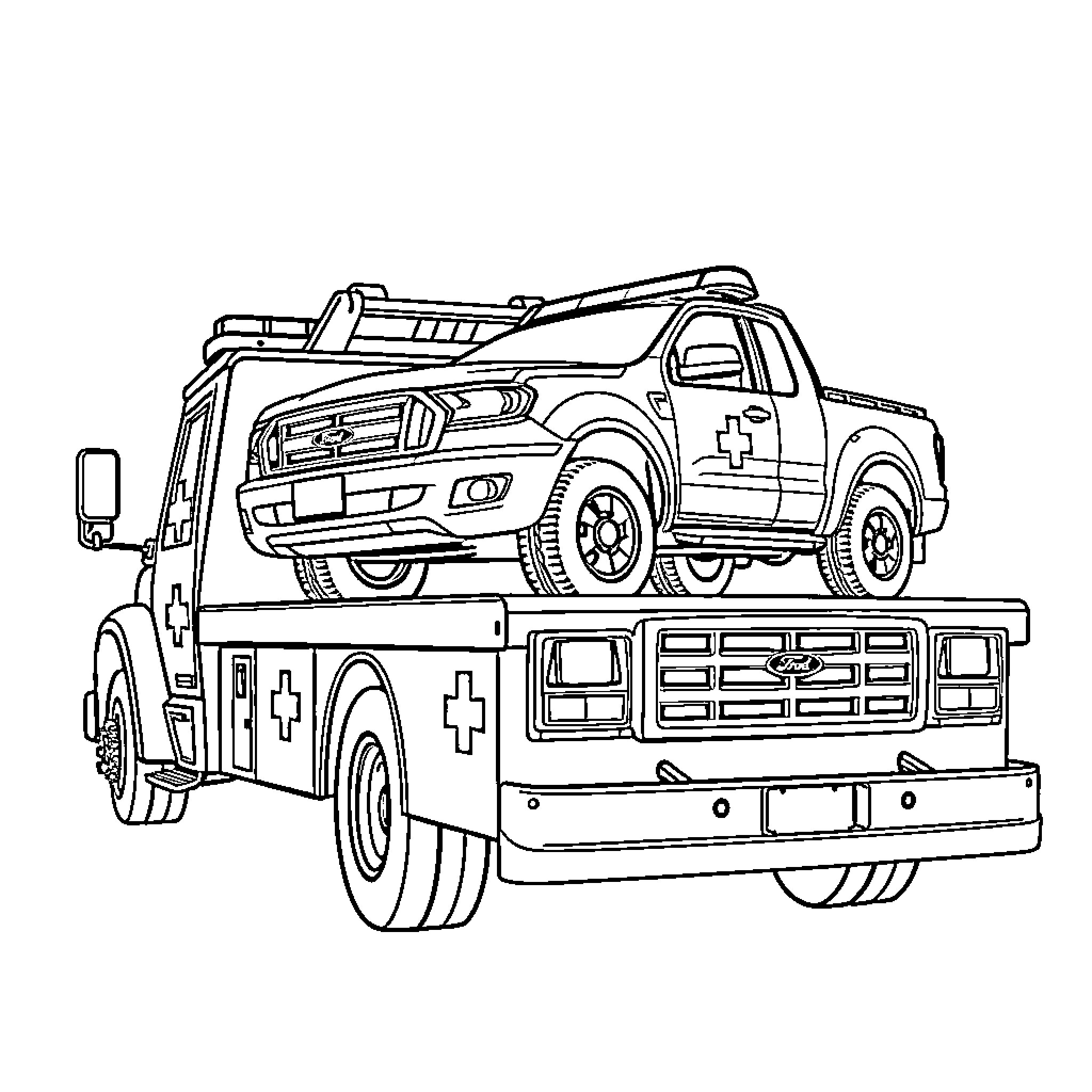 Tow Truck Hauling a Pickup Truck Coloring Page (free black-and-white line drawing printable PDF for all, from beginners to advanced learners, including children, teens, adults, and seniors)