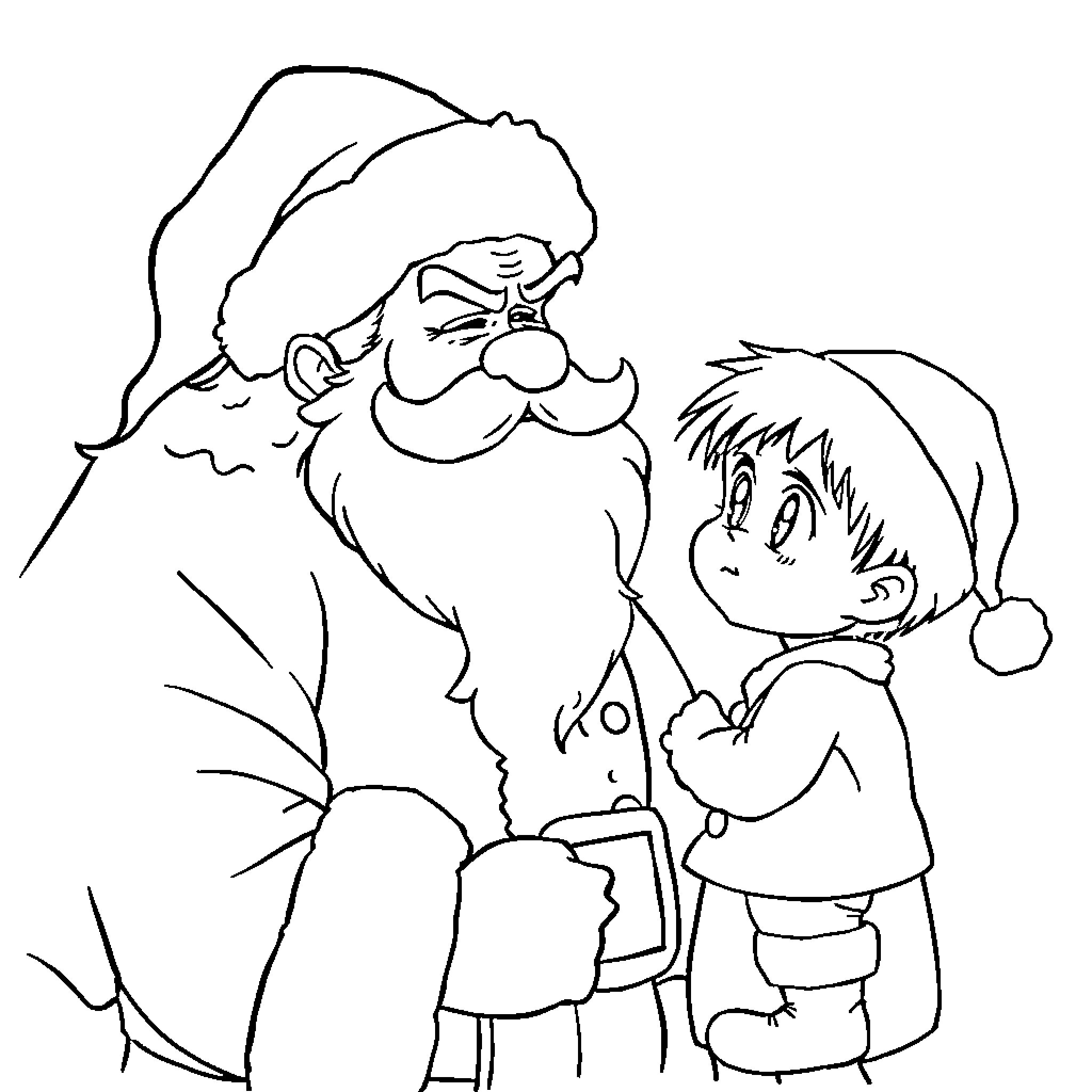 Santa Claus and young child in holiday scene Coloring Page (free black-and-white line drawing printable PDF for all, from beginners to advanced learners, including children, teens, adults, and seniors)