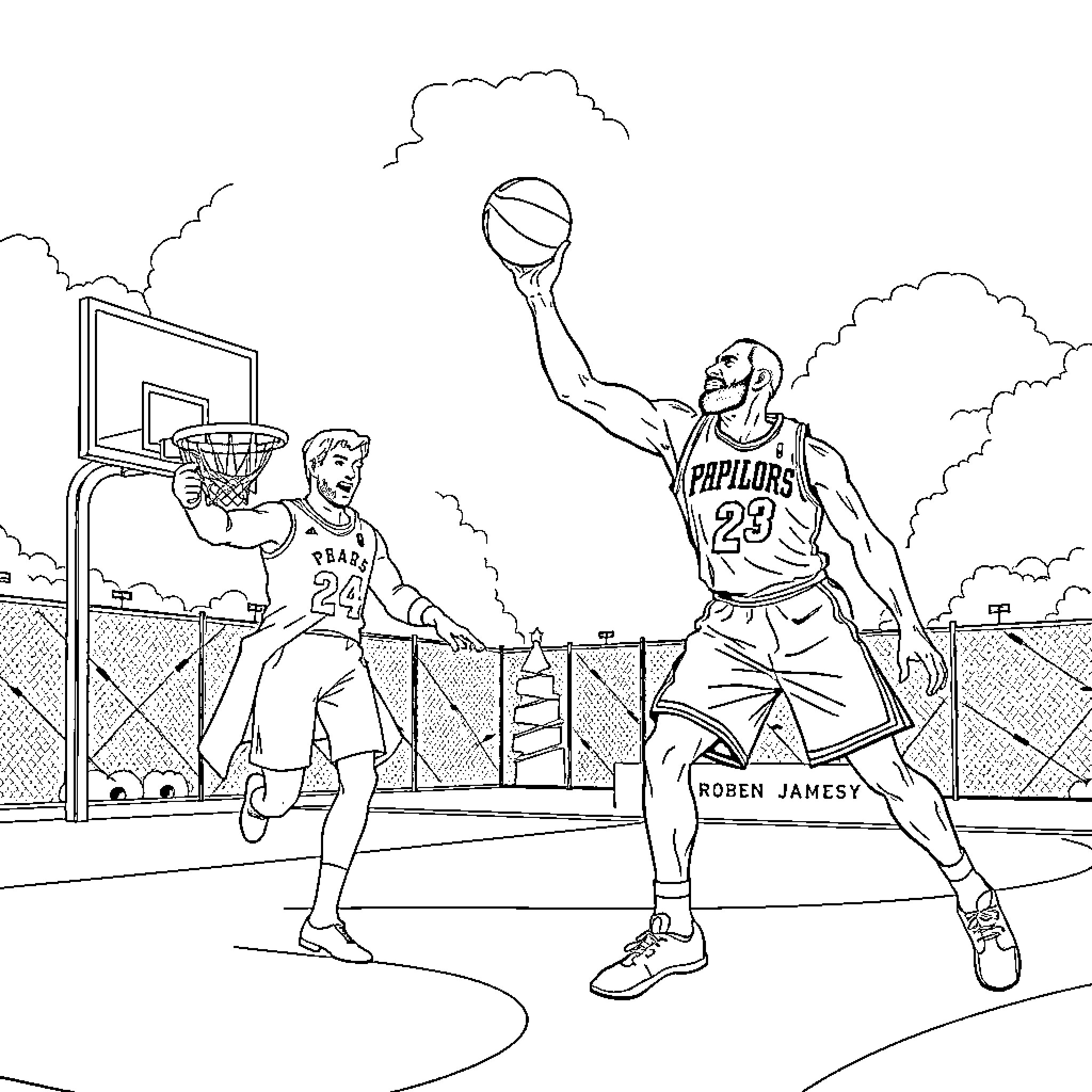 Napoleon's Basketball Showdown on the Court Coloring Page (free black-and-white line drawing printable PDF for all, from beginners to advanced learners, including children, teens, adults, and seniors)