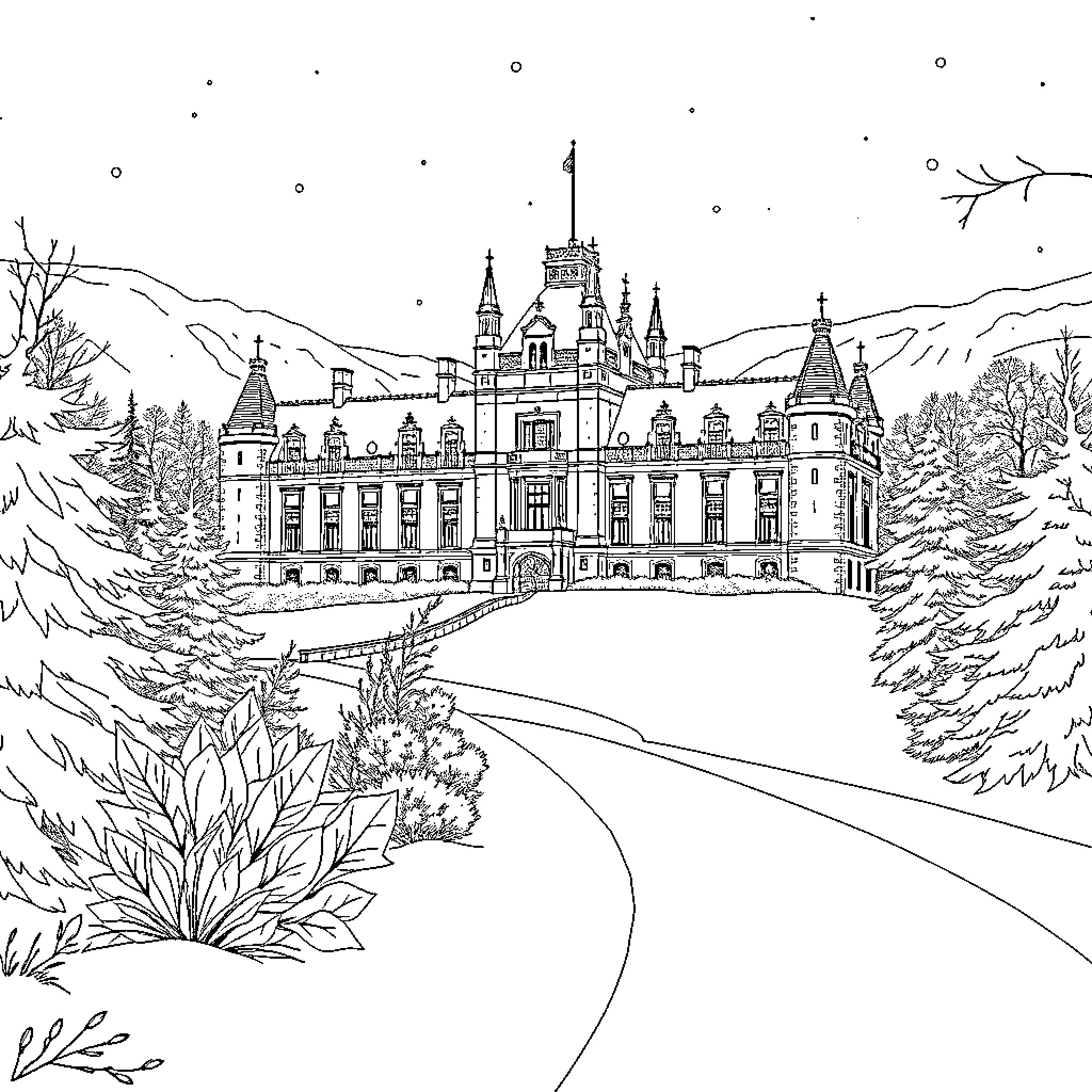 Balmoral Castle in a winter landscape Coloring Page (free black-and-white line drawing printable PDF for all, from beginners to advanced learners, including children, teens, adults, and seniors)