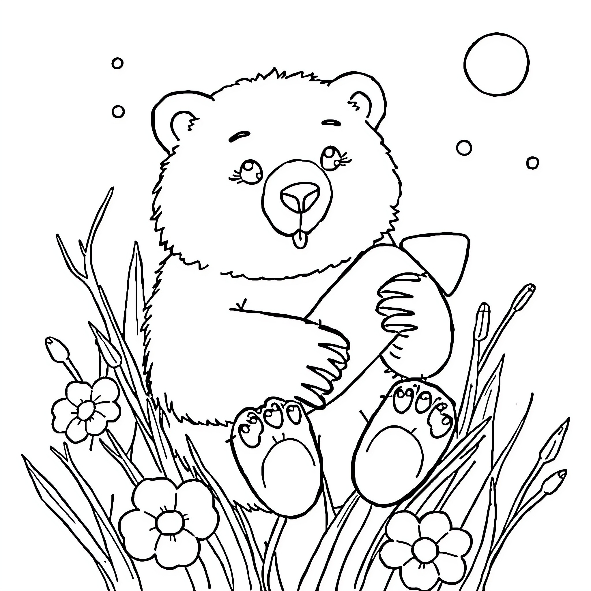 Bear enjoying flowers in peaceful meadow Coloring Page (free black-and-white line drawing printable PDF for all, from beginners to advanced learners, including children, teens, adults, and seniors)