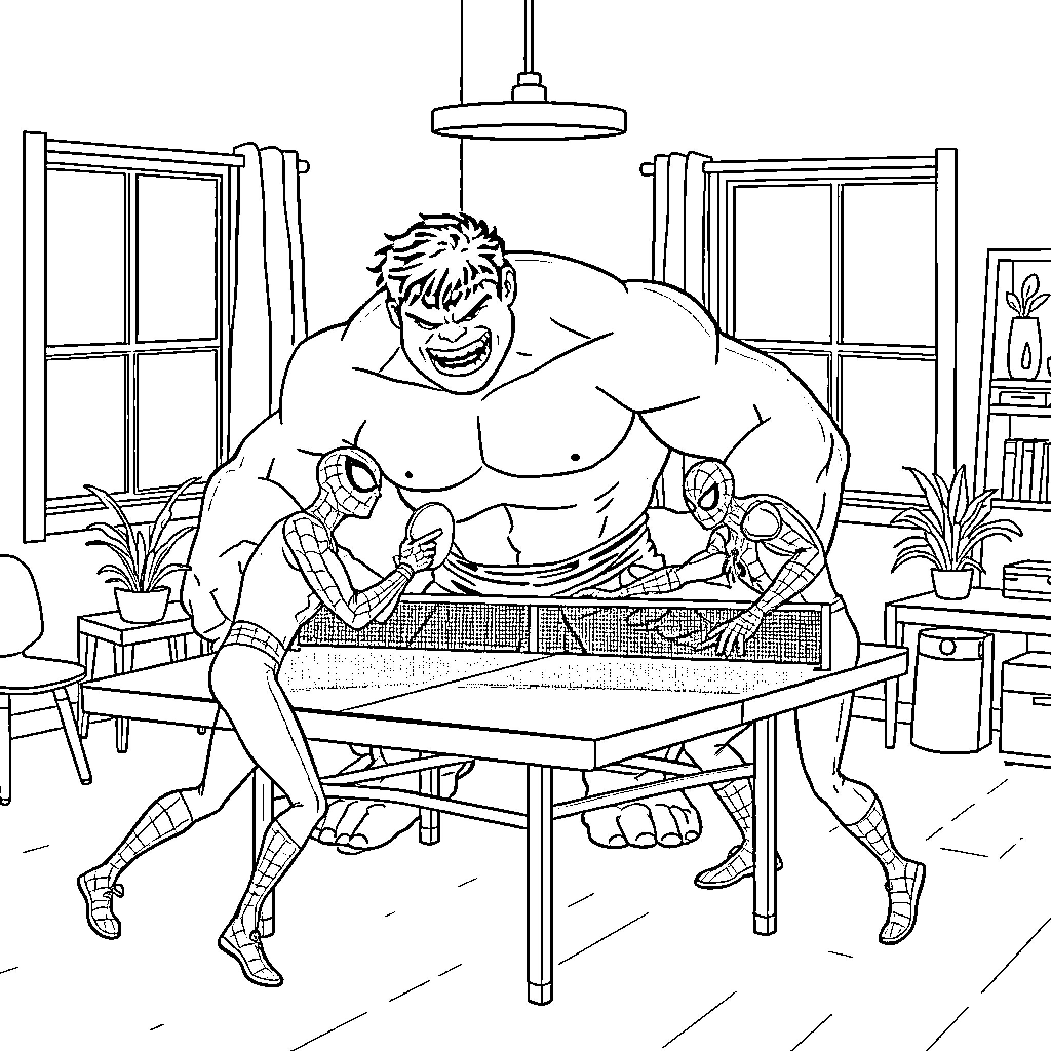 Spiderman Wrestles with Muscular Antagonist in Domestic Setting Coloring Page (free black-and-white line drawing printable PDF for all, from beginners to advanced learners, including children, teens, adults, and seniors)