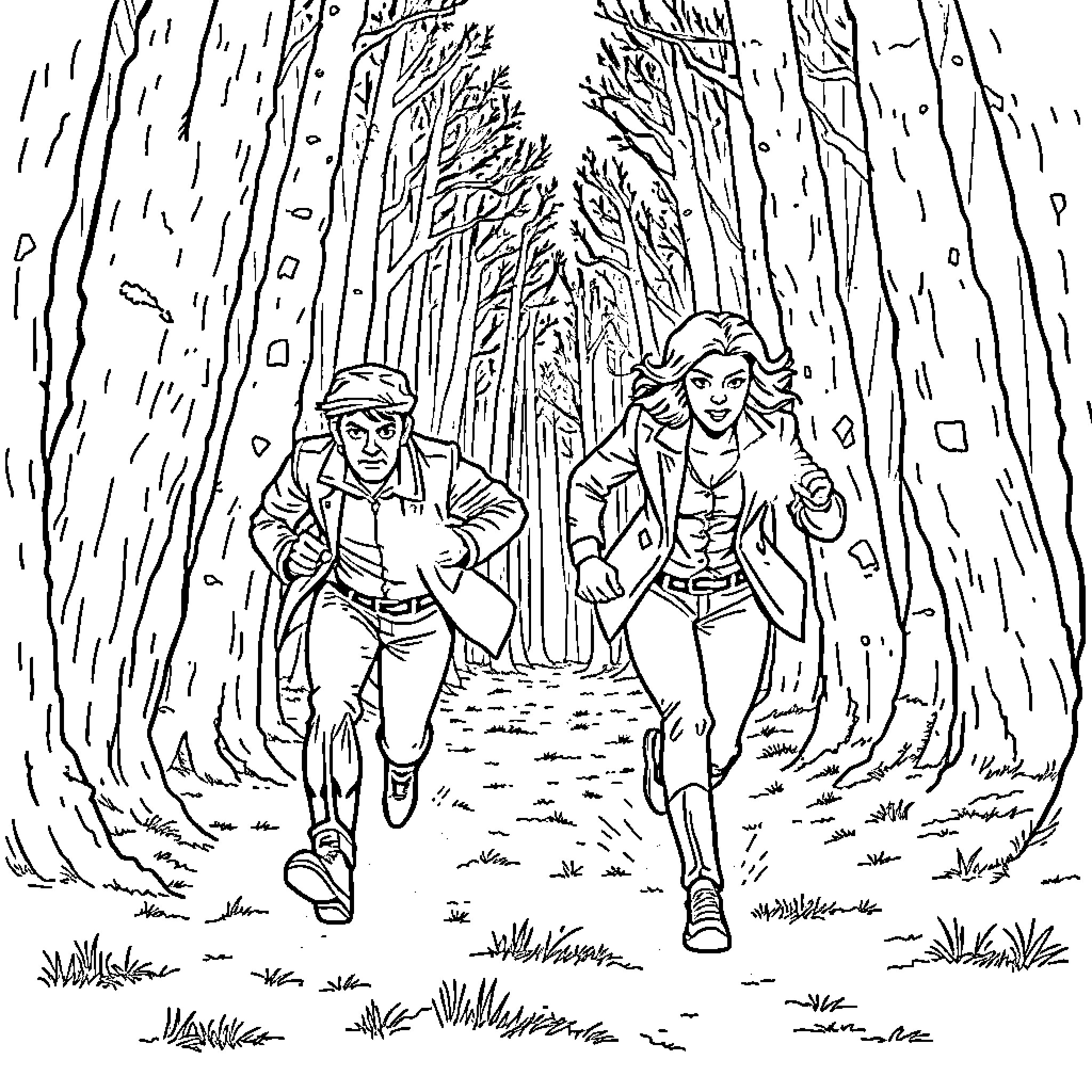Agent Duo Navigating the Rugged Forest Coloring Page (free black-and-white line drawing printable PDF for all, from beginners to advanced learners, including children, teens, adults, and seniors)