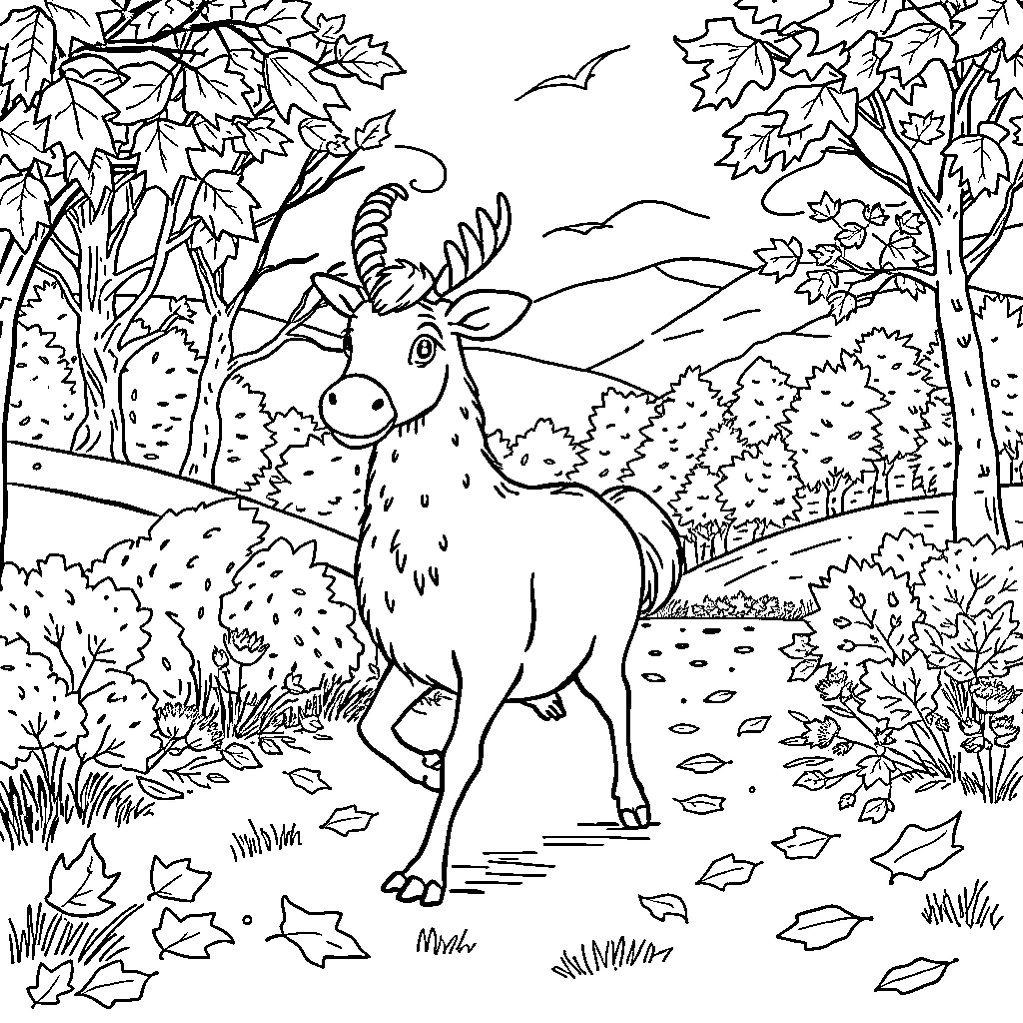 Hedgehog exploring the autumnal forest landscape Coloring Page (free black-and-white line drawing printable PDF for all, from beginners to advanced learners, including children, teens, adults, and seniors)