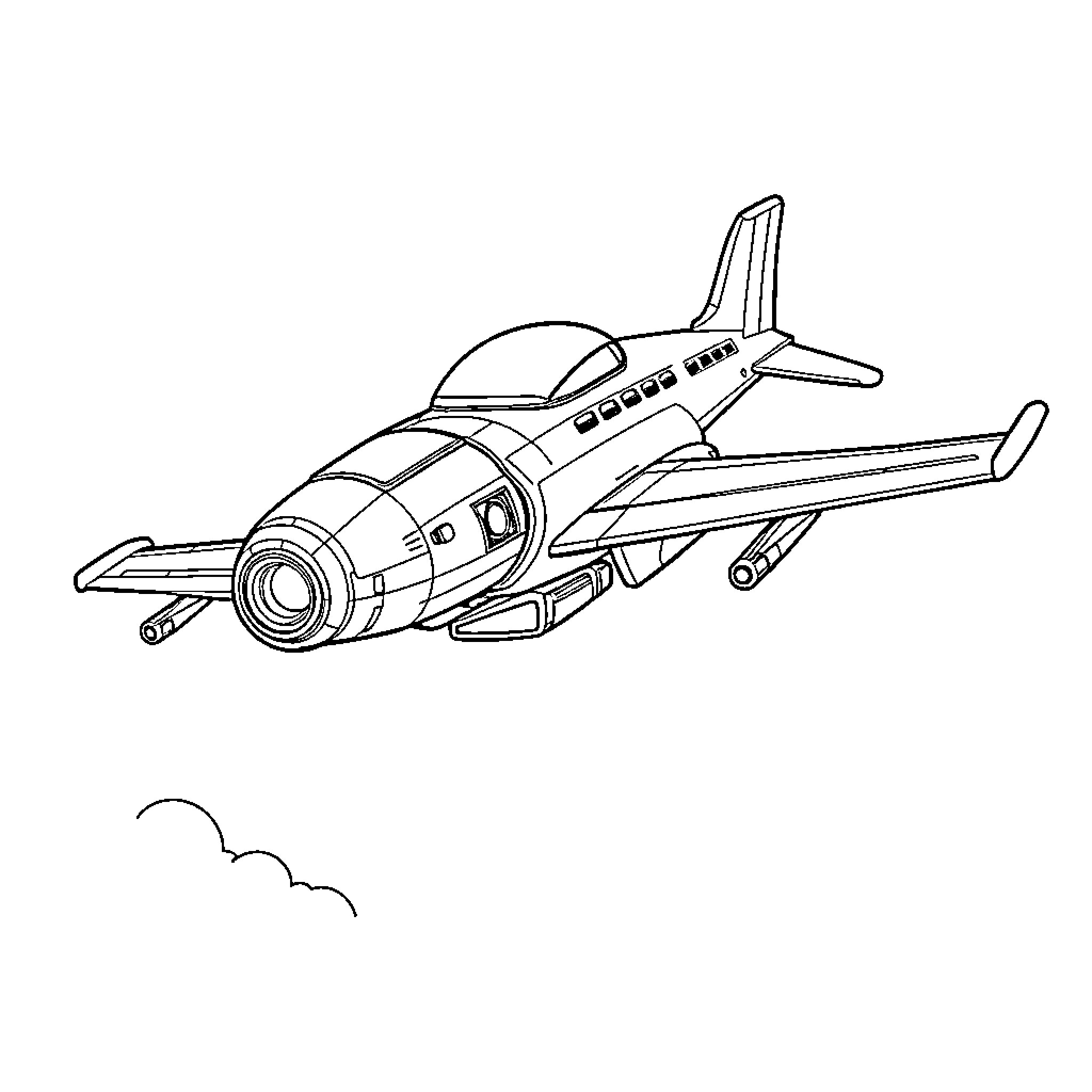 Robot Airplane flying through the sky Coloring Page (free black-and-white line drawing printable PDF for all, from beginners to advanced learners, including children, teens, adults, and seniors)