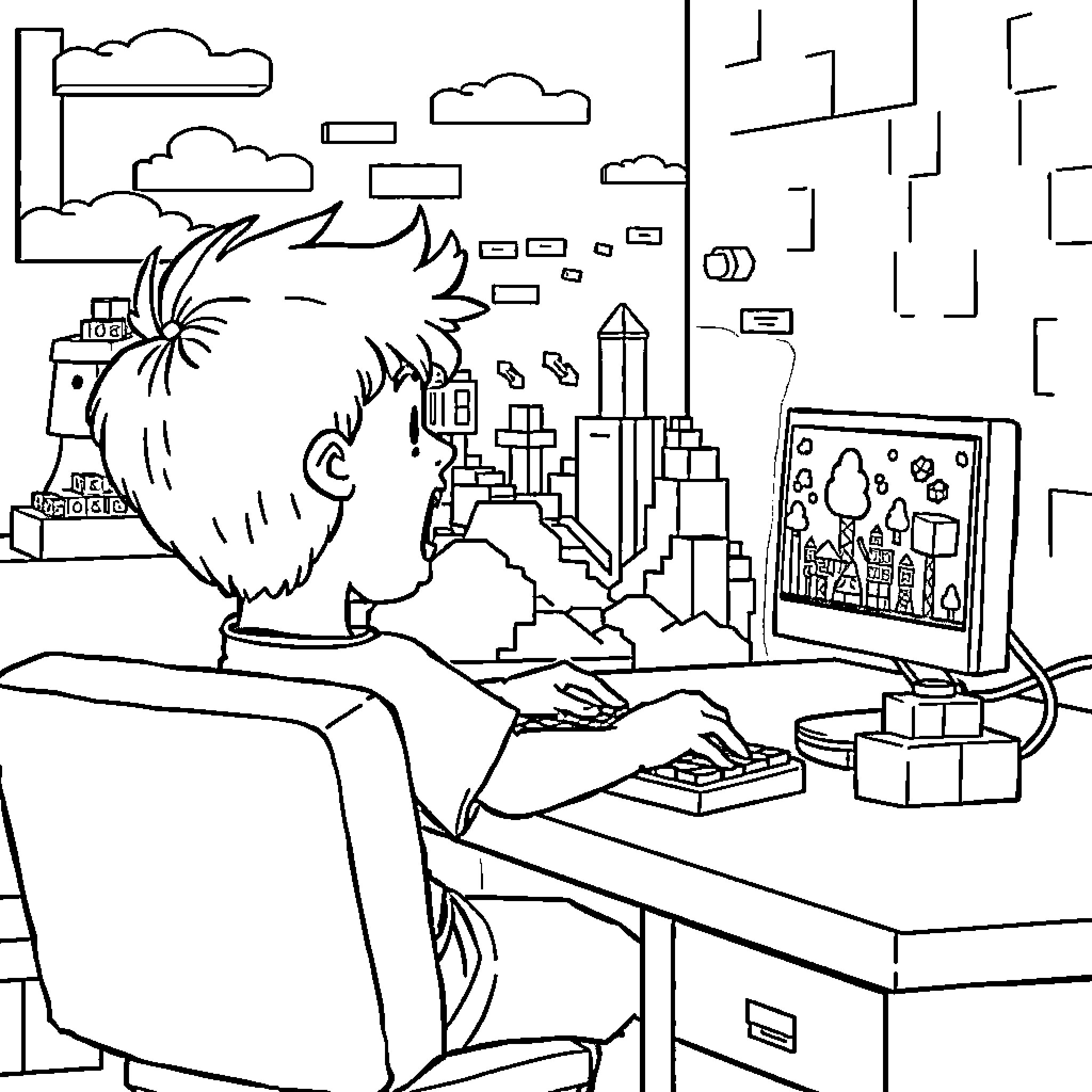 Kid designing a digital cityscape on computer Coloring Page (free black-and-white line drawing printable PDF for all, from beginners to advanced learners, including children, teens, adults, and seniors)