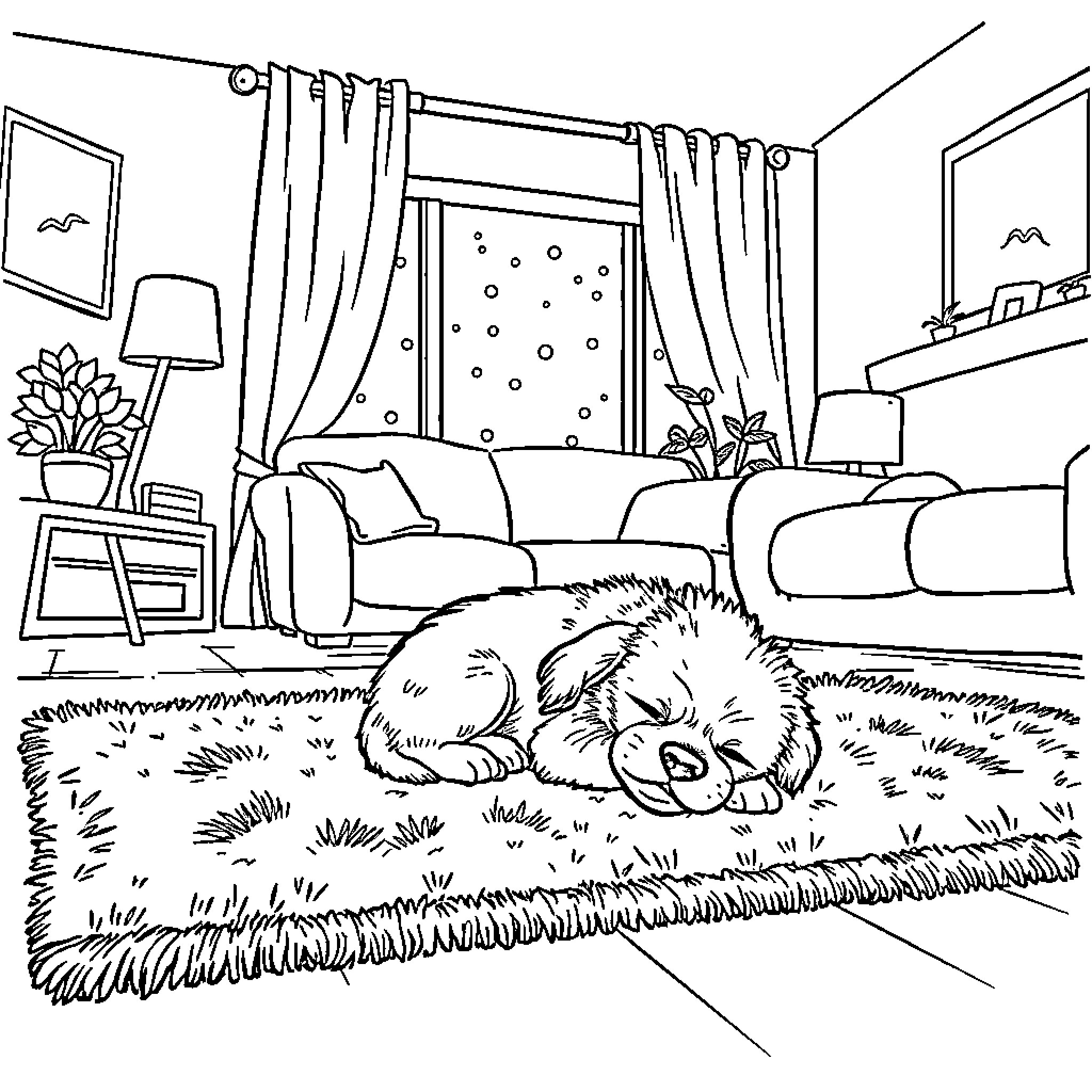 Puppy resting peacefully in cozy living room Coloring Page (free black-and-white line drawing printable PDF for all, from beginners to advanced learners, including children, teens, adults, and seniors)