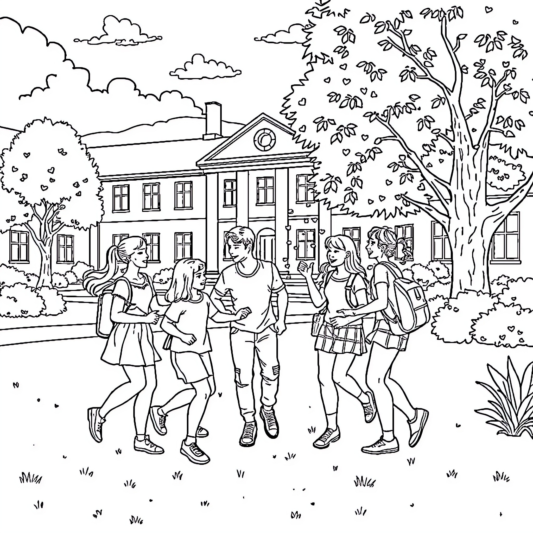 Students socializing on campus grounds Coloring Page (free black-and-white line drawing printable PDF for all, from beginners to advanced learners, including children, teens, adults, and seniors)