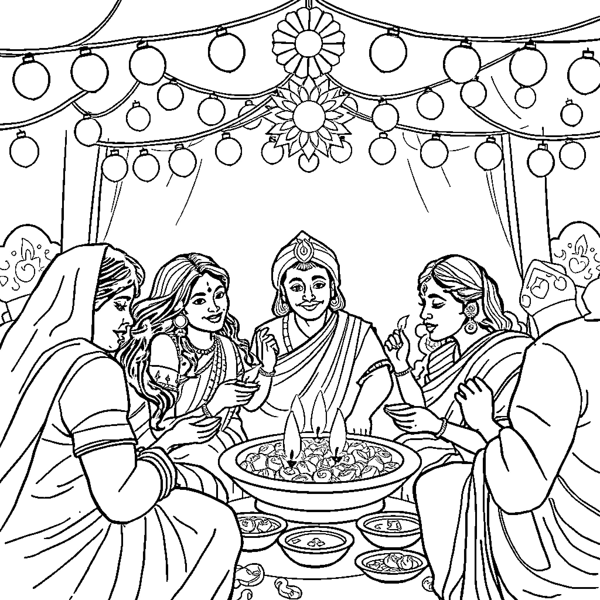 Diwali celebration with family gathering and festive decor Coloring Page (free black-and-white line drawing printable PDF for all, from beginners to advanced learners, including children, teens, adults, and seniors)