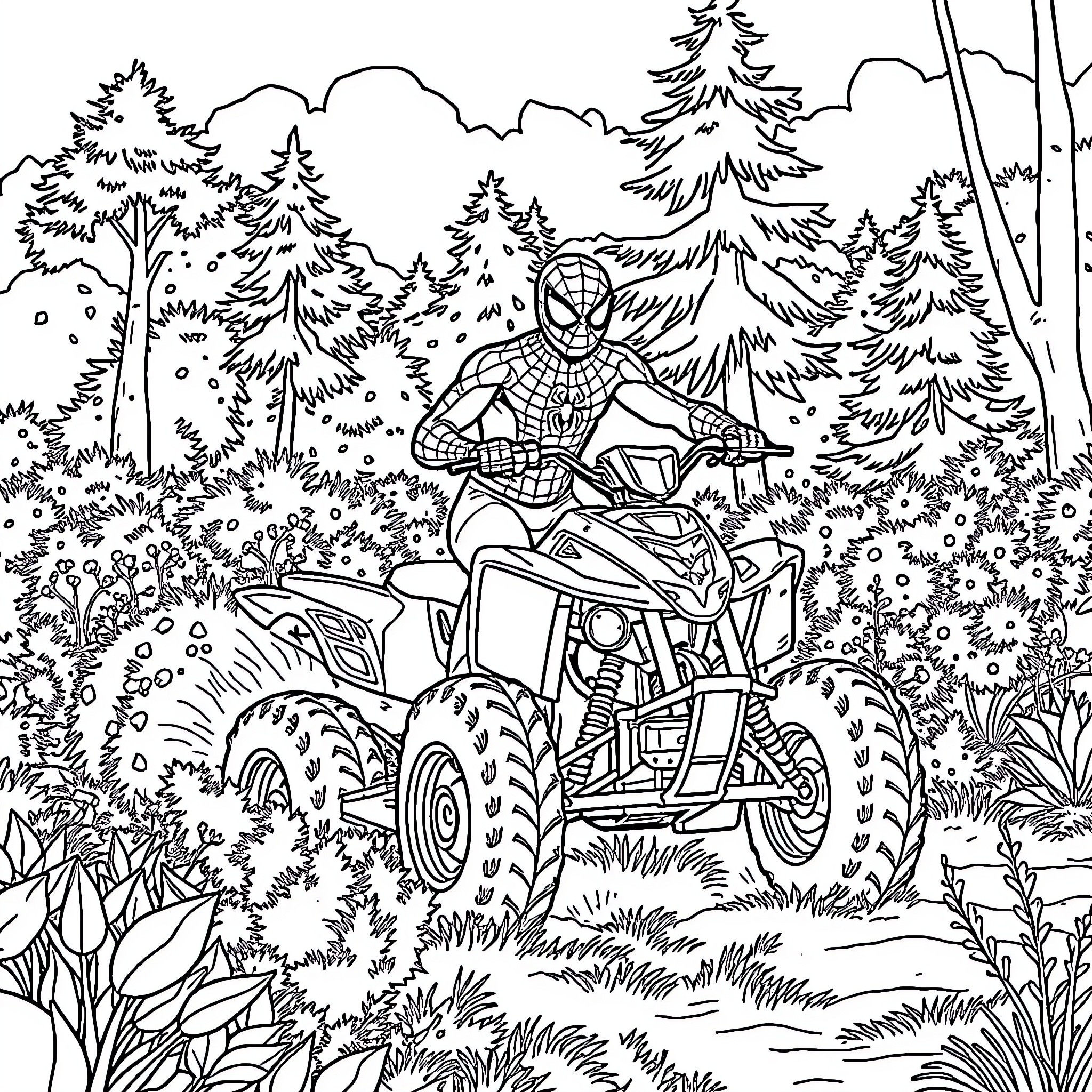 Spiderman riding an ATV through the forest Coloring Page (free black-and-white line drawing printable PDF for all, from beginners to advanced learners, including children, teens, adults, and seniors)